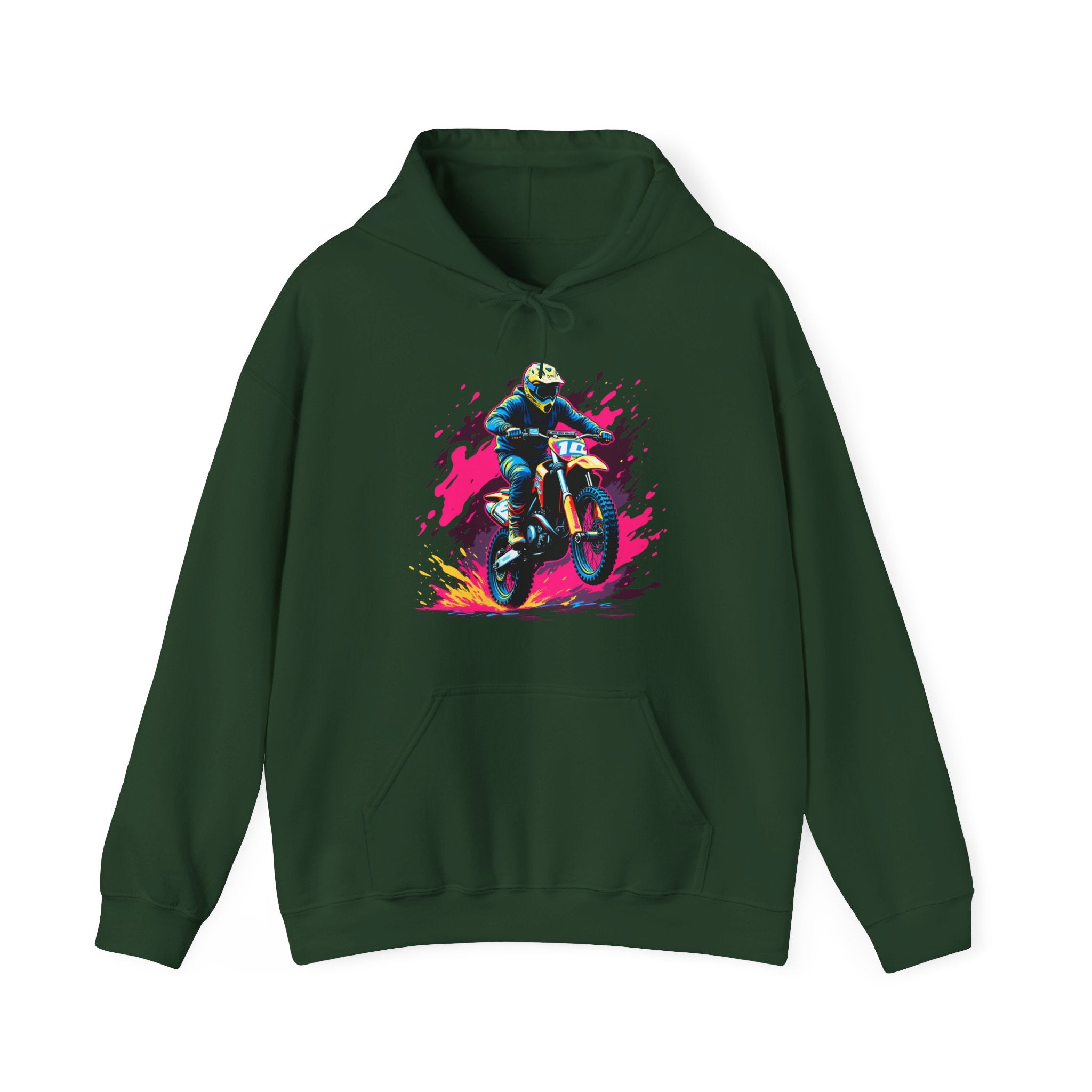 Green hoodie with a colorful graphic of a person on a motorcycle on a white background