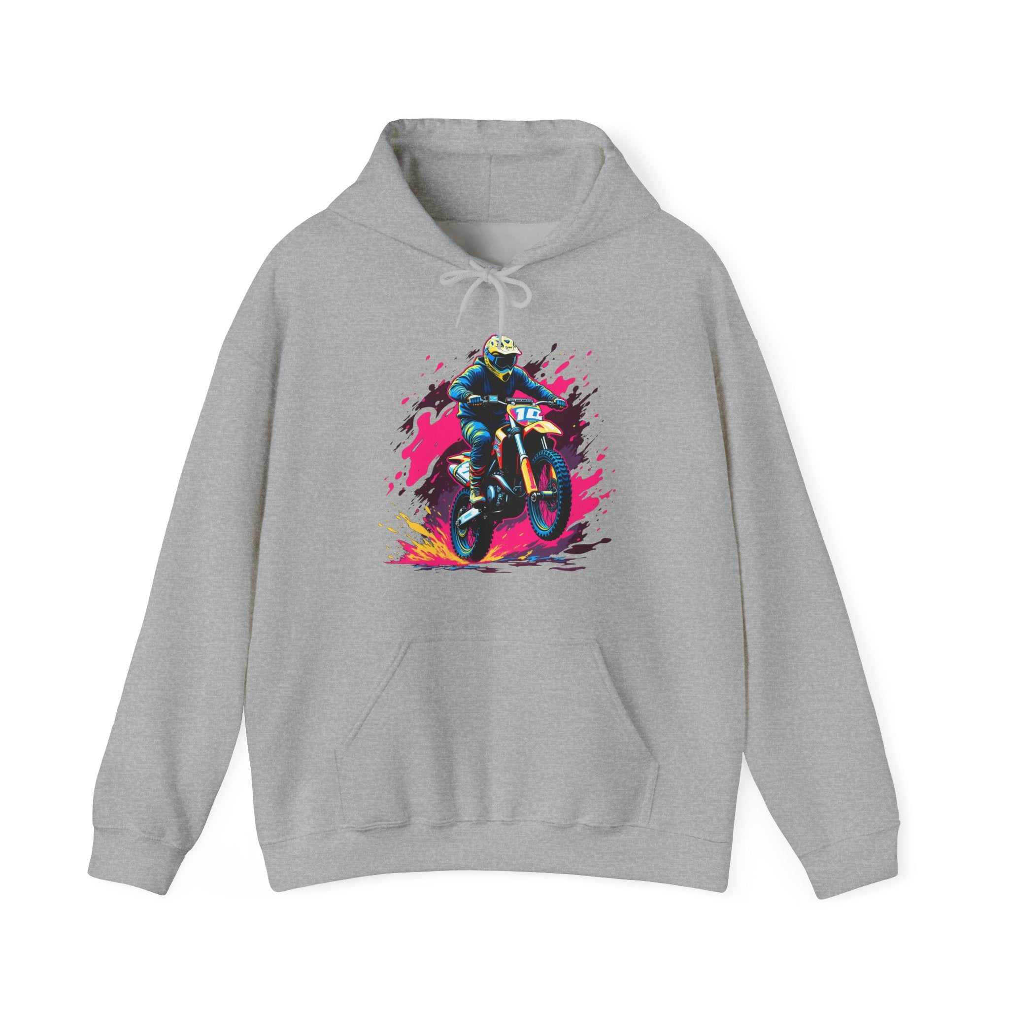 Gray hoodie with a colorful graphic of a cyclist on a white background