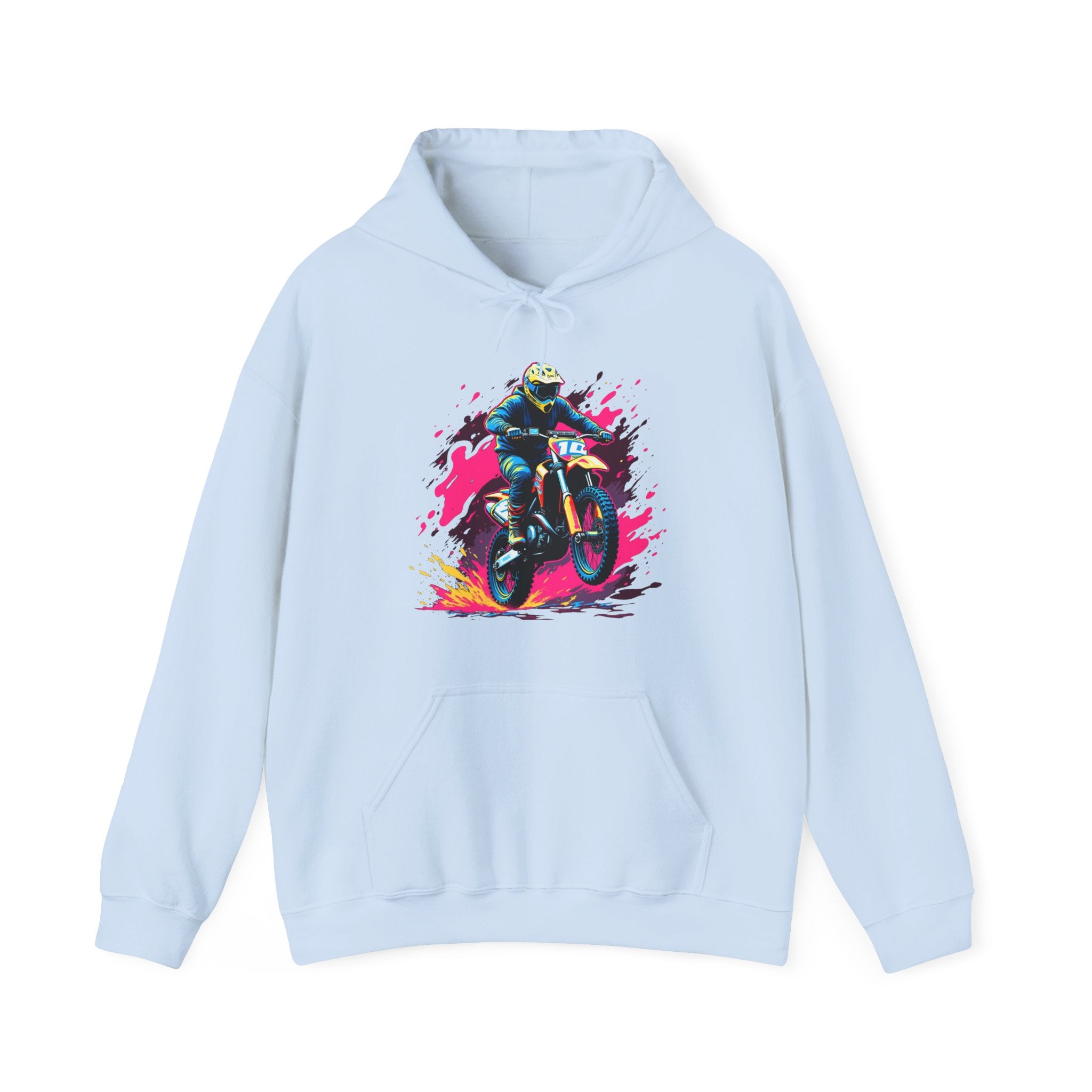 Light blue hoodie with a colorful graphic of a person on a motorcycle on a white background