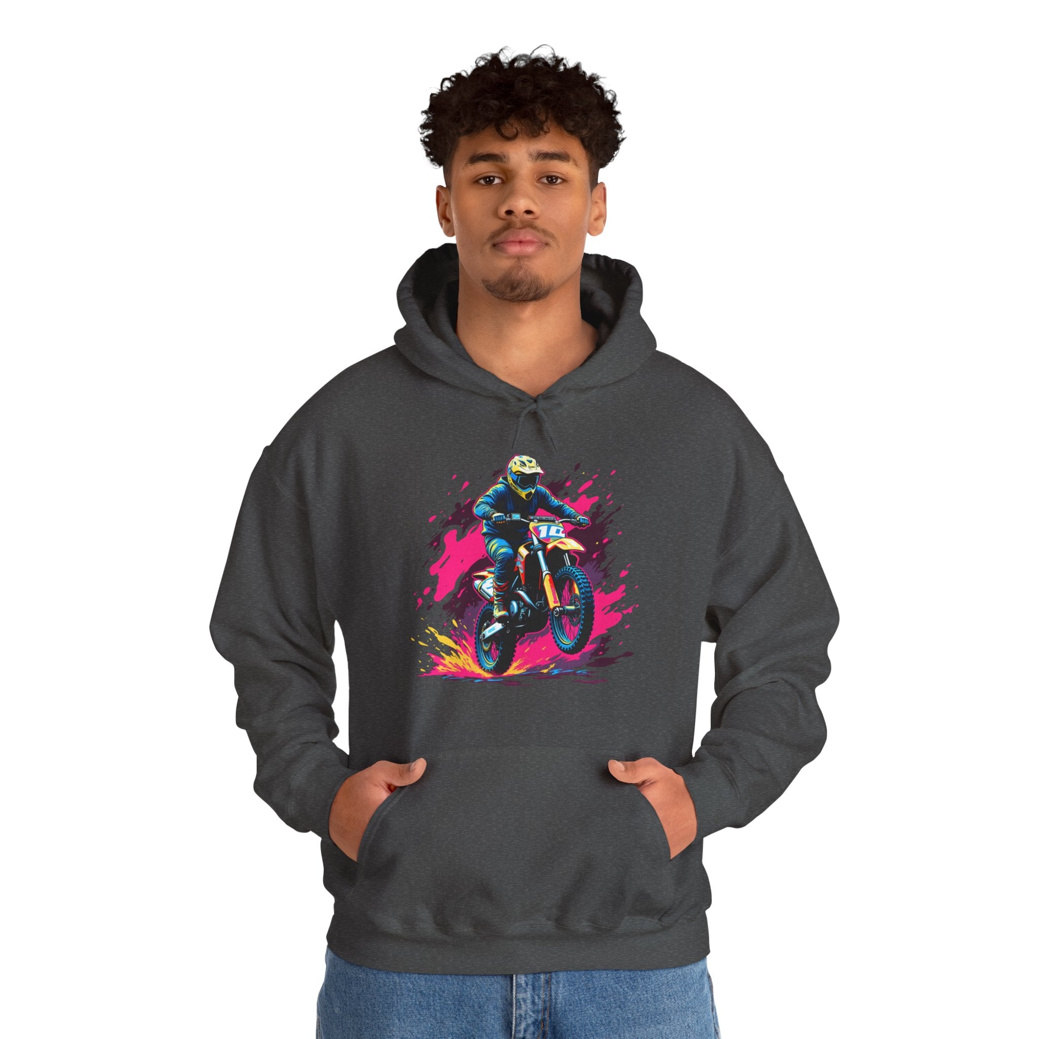 Person wearing a dark gray hoodie with a colorful graphic of a motocross rider on a white background