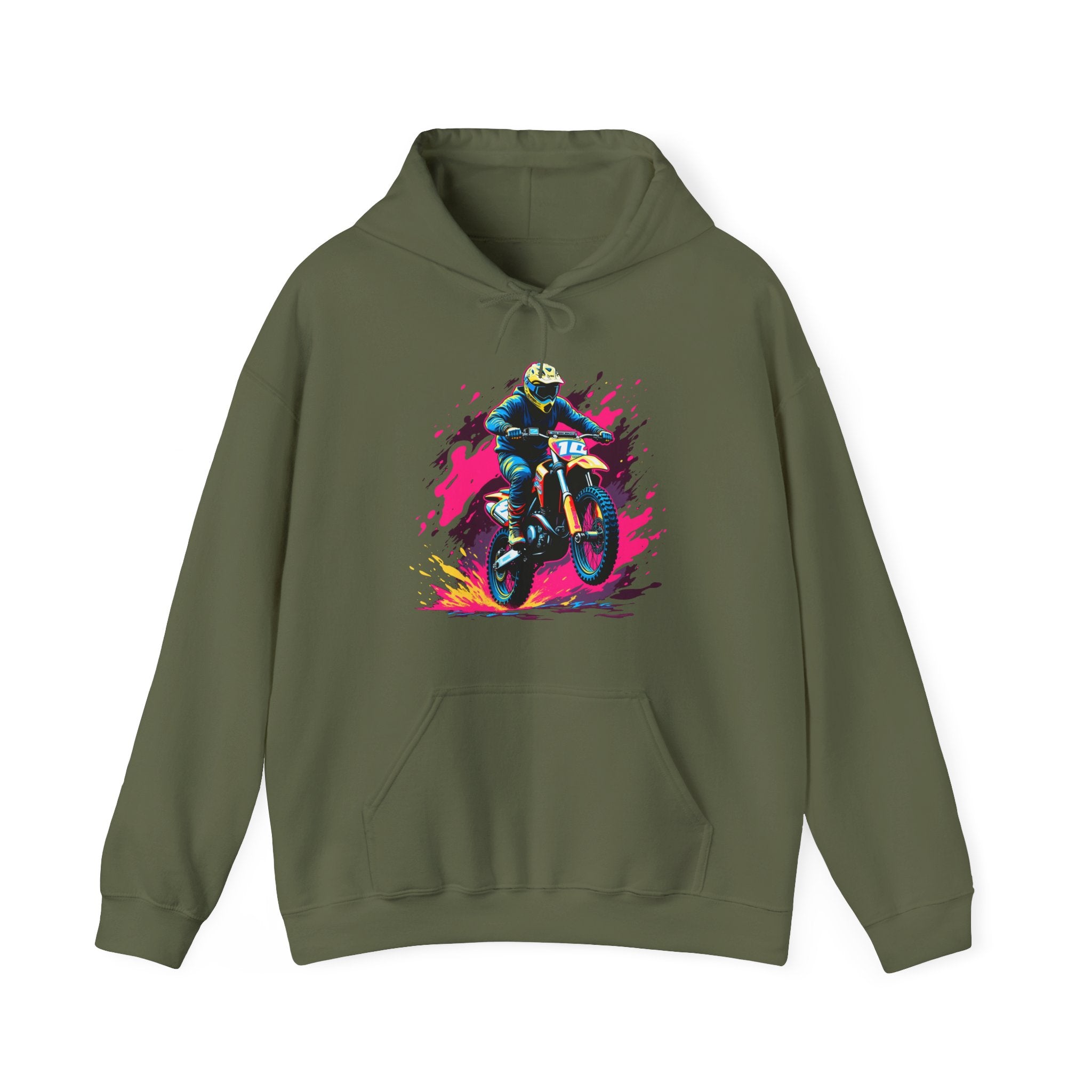 Military green hoodie with a graphic of a person on a motorcycle and colorful splash design on a white background