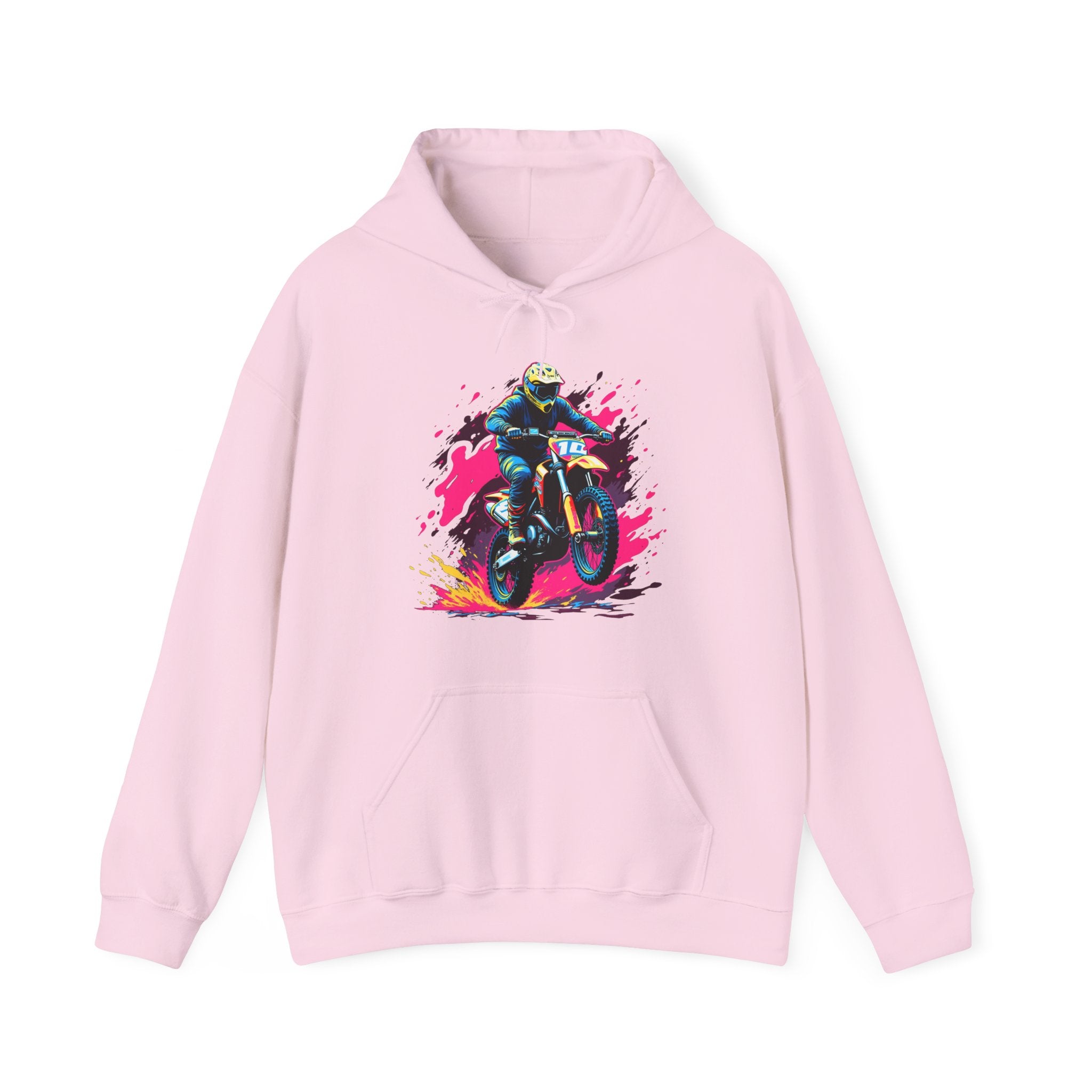 Pink hoodie with a graphic of a person on a motorcycle on a white background