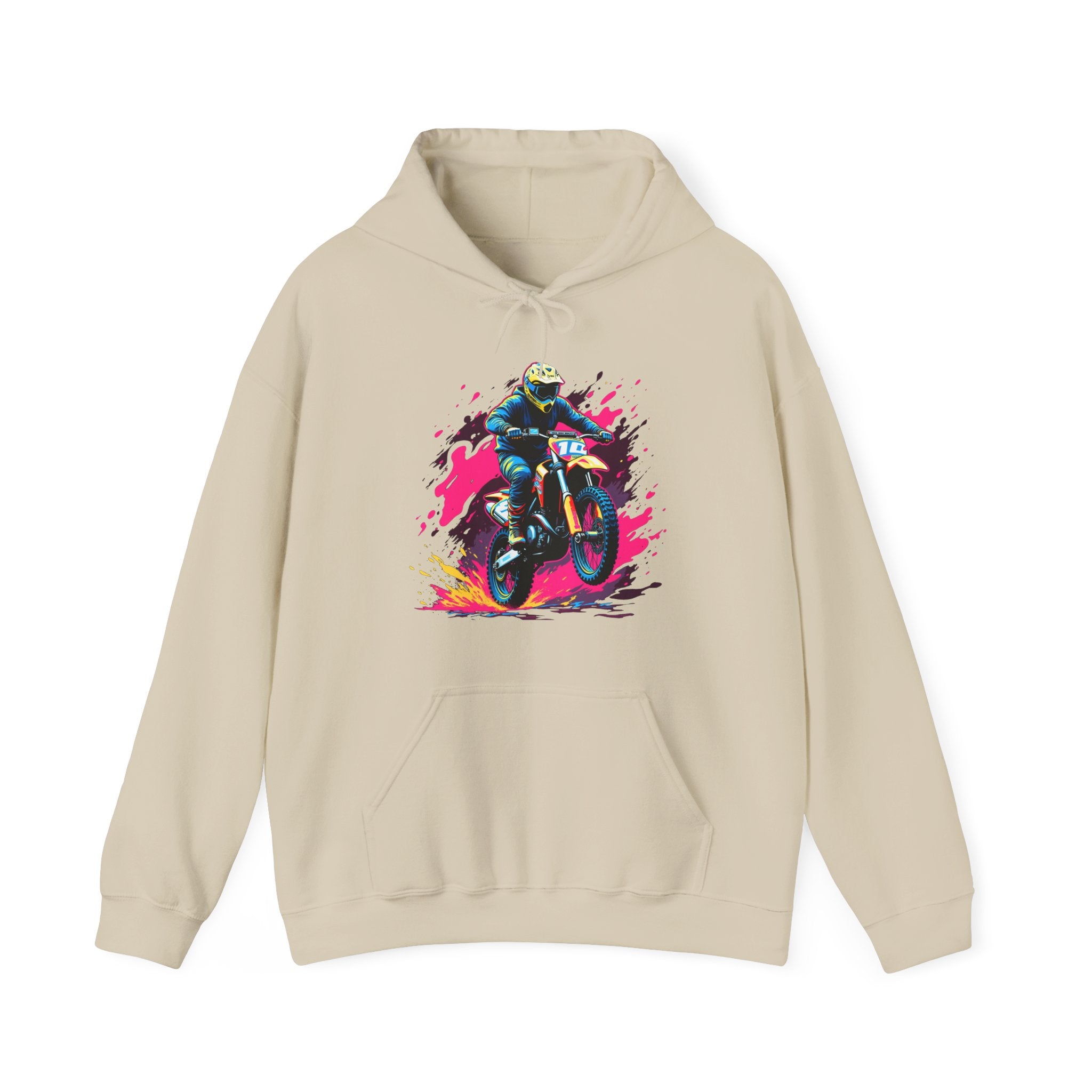 Beige hoodie with a colorful graphic of a person on a motorcycle on a white background