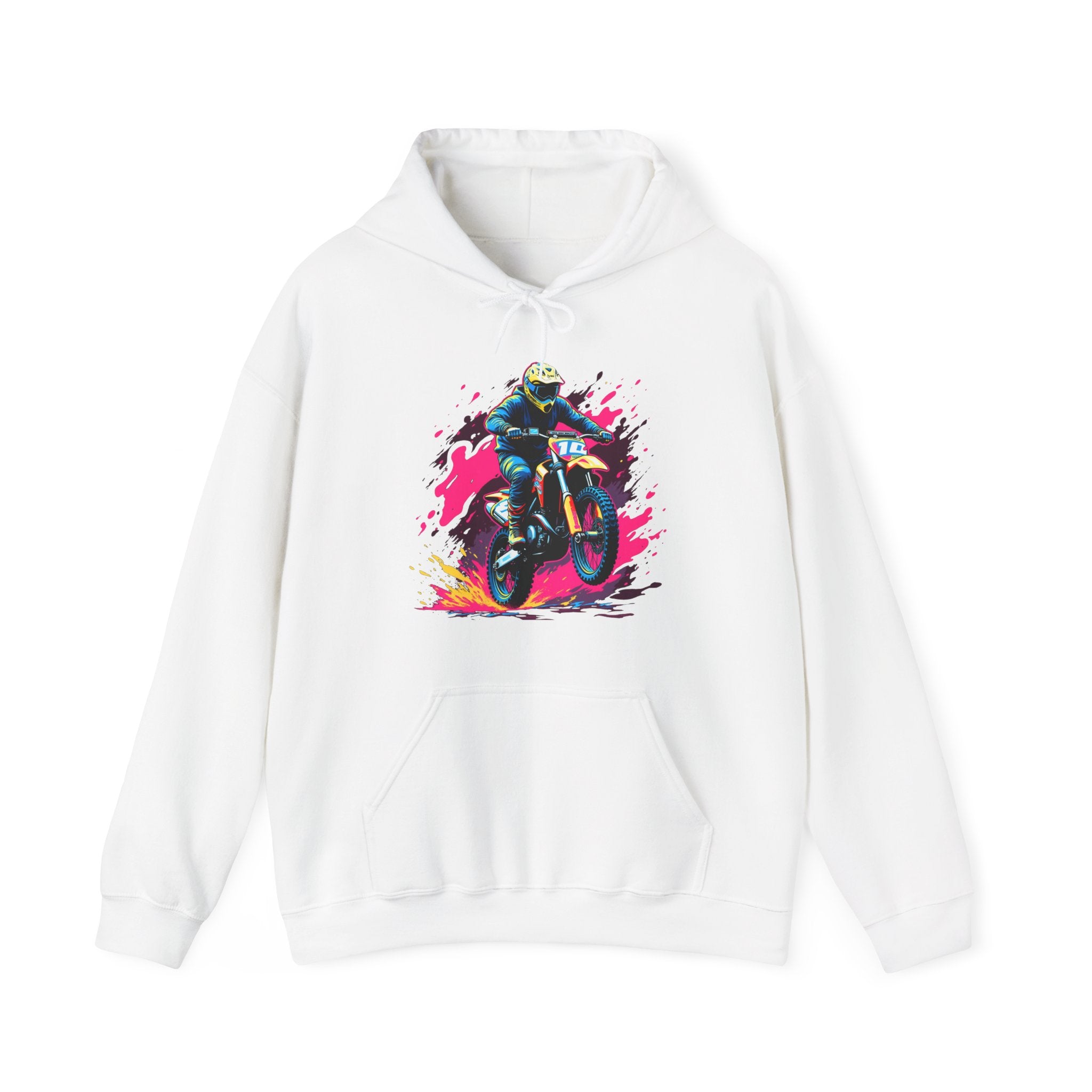White hoodie with a colorful graphic of a person on a motorcycle on a white background