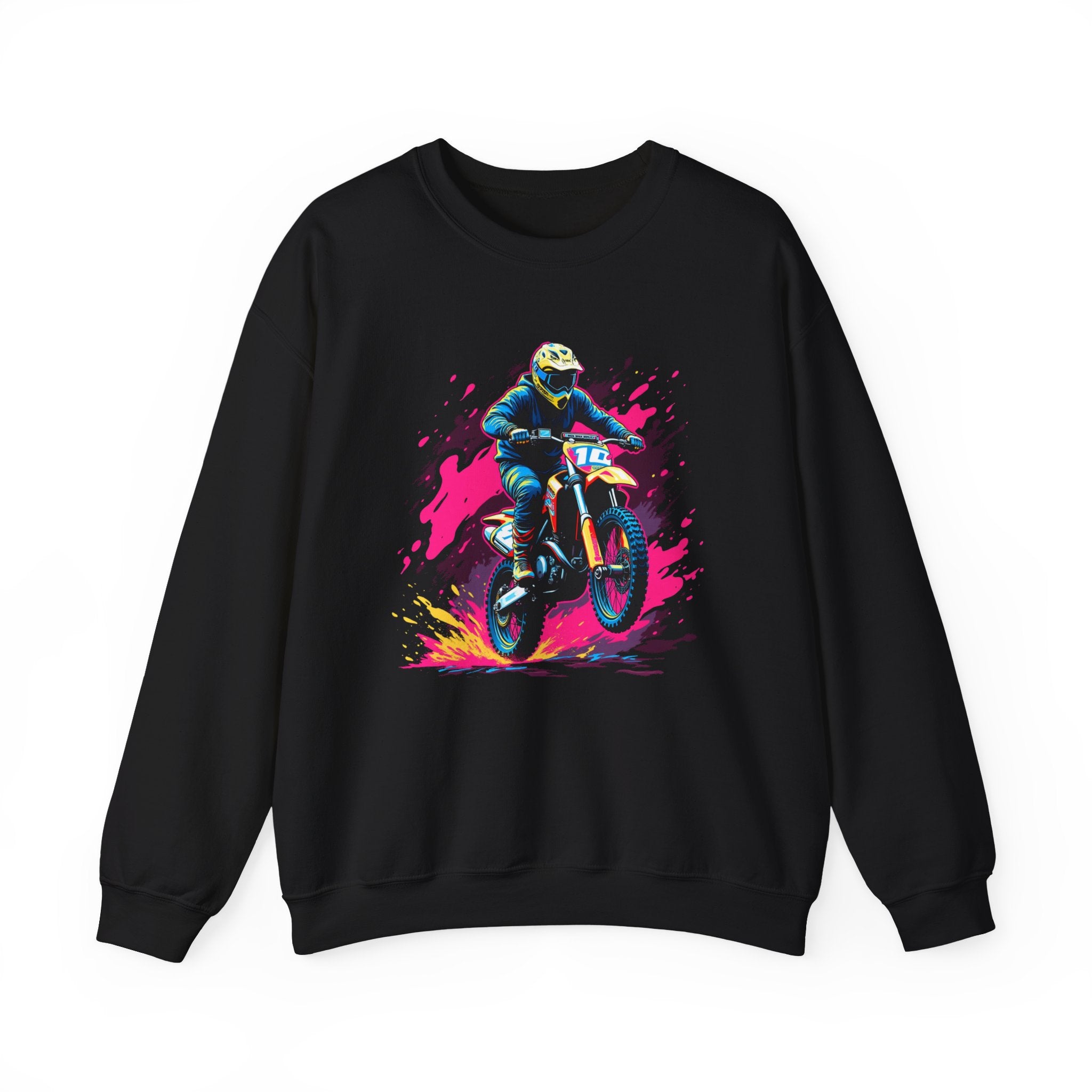 Black sweatshirt with a colorful graphic of a person on a bike and splashes of pink and orange on a white background.