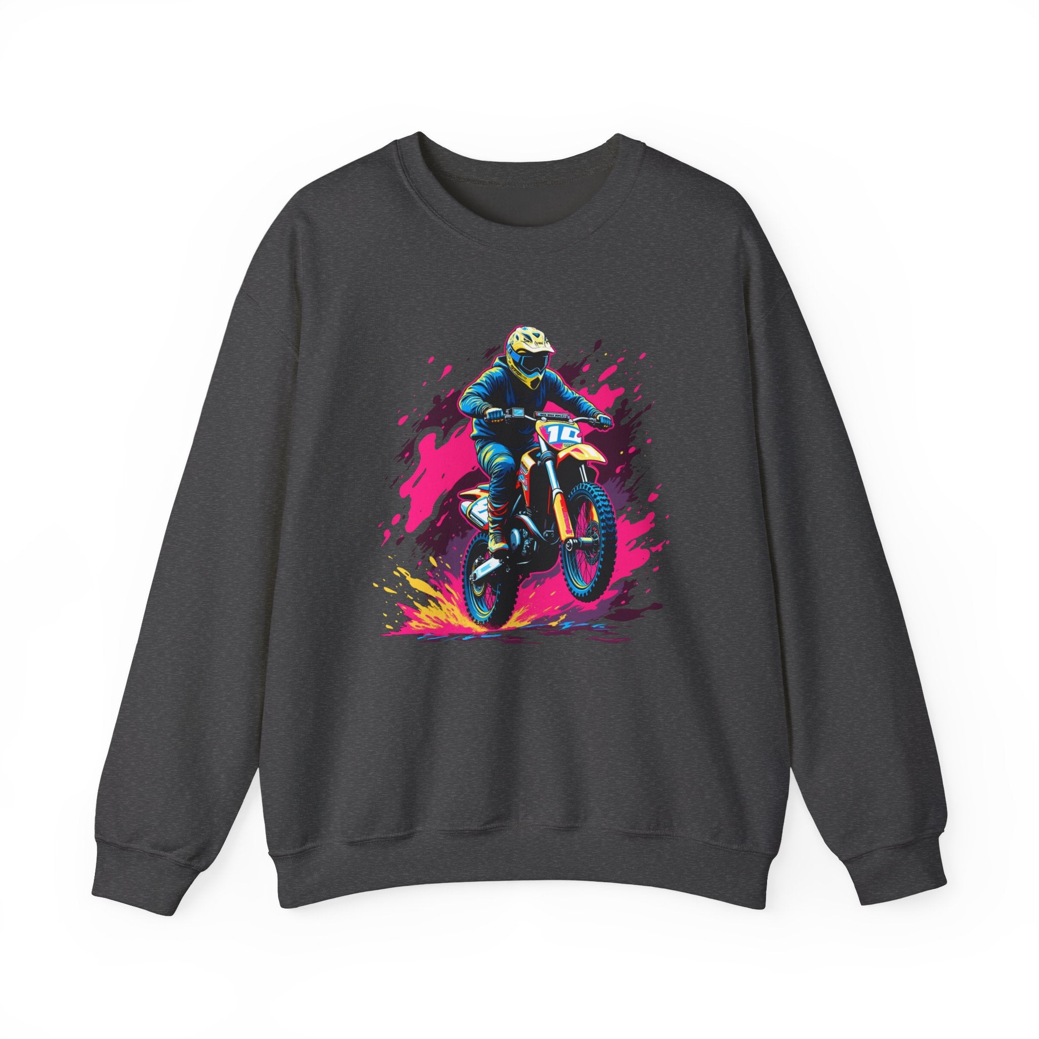 Dark heather sweatshirt with a colorful graphic of a motocross rider on a white background