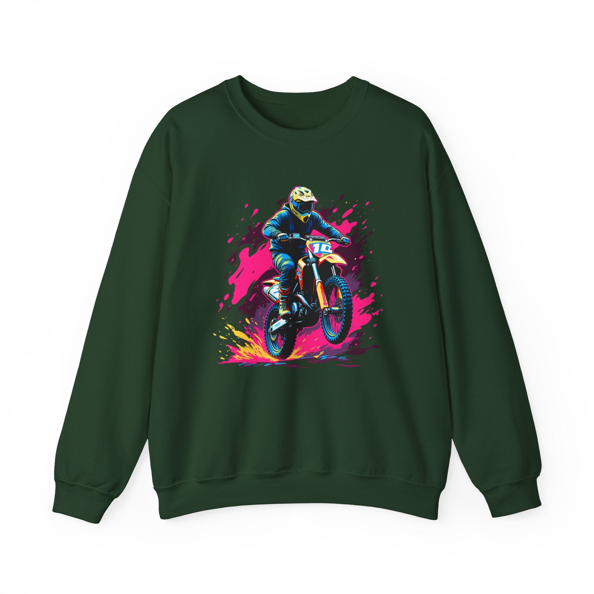 Forest green sweatshirt with a graphic of a person on a motorcycle and colorful splash design on a white background