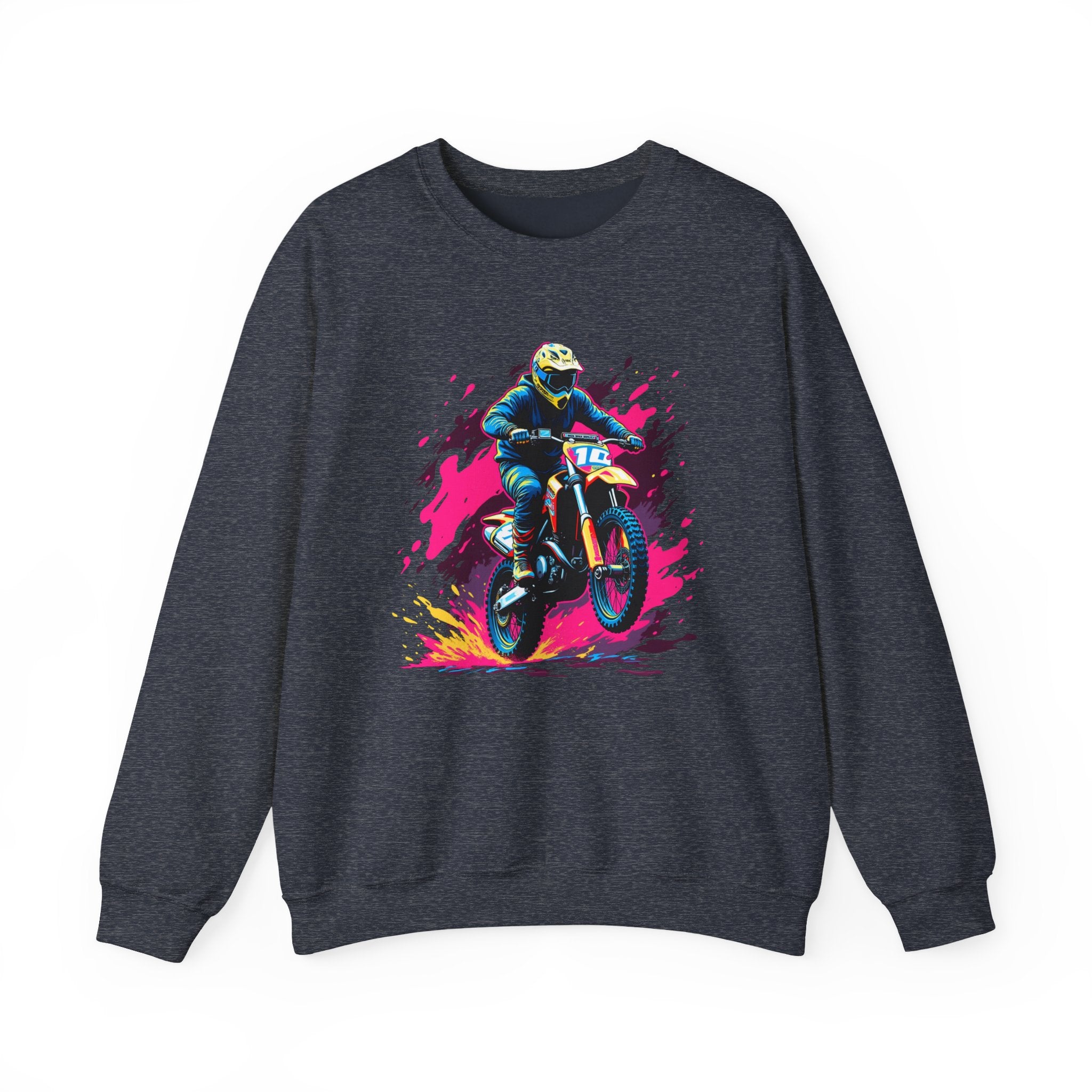 Heather sport dark navy sweatshirt with a graphic of a motocross rider on a white background