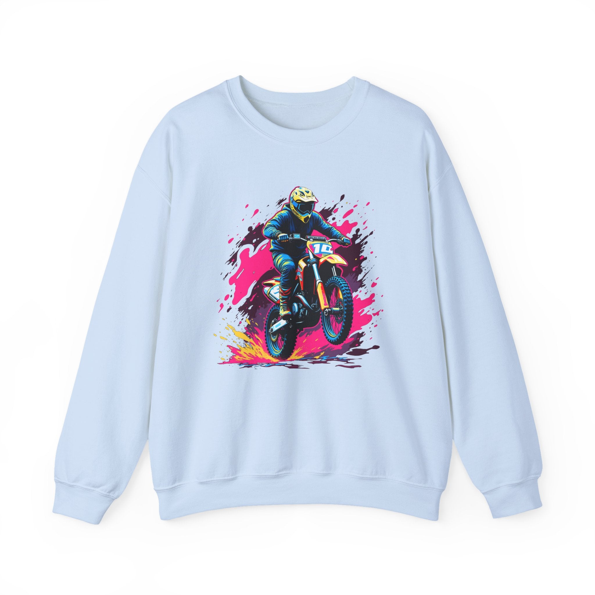 Light blue sweatshirt with a graphic of a person on a bike and colorful splash design on a white background