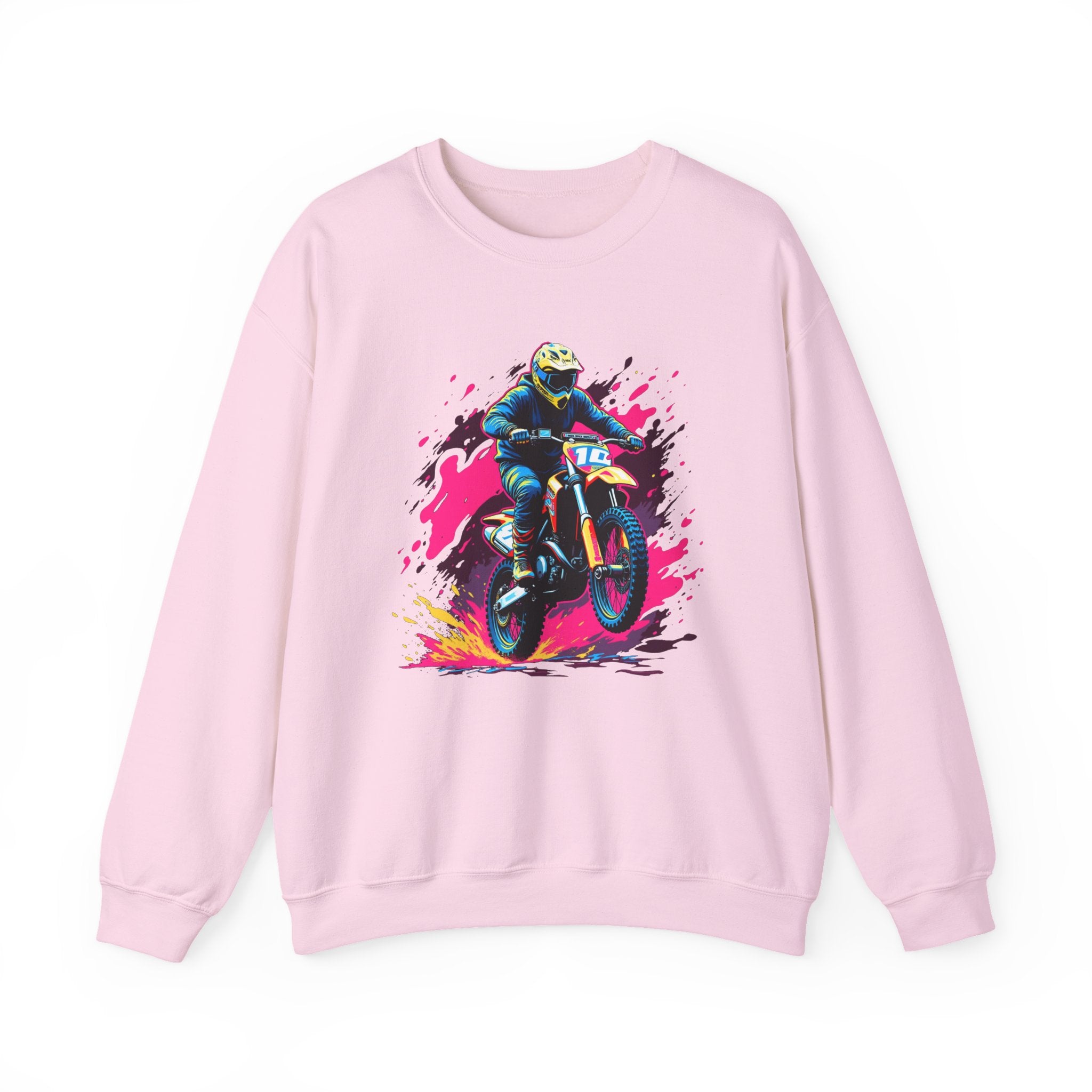 Light pink sweatshirt with a graphic of a person on a bike and colorful splash design on a white background
