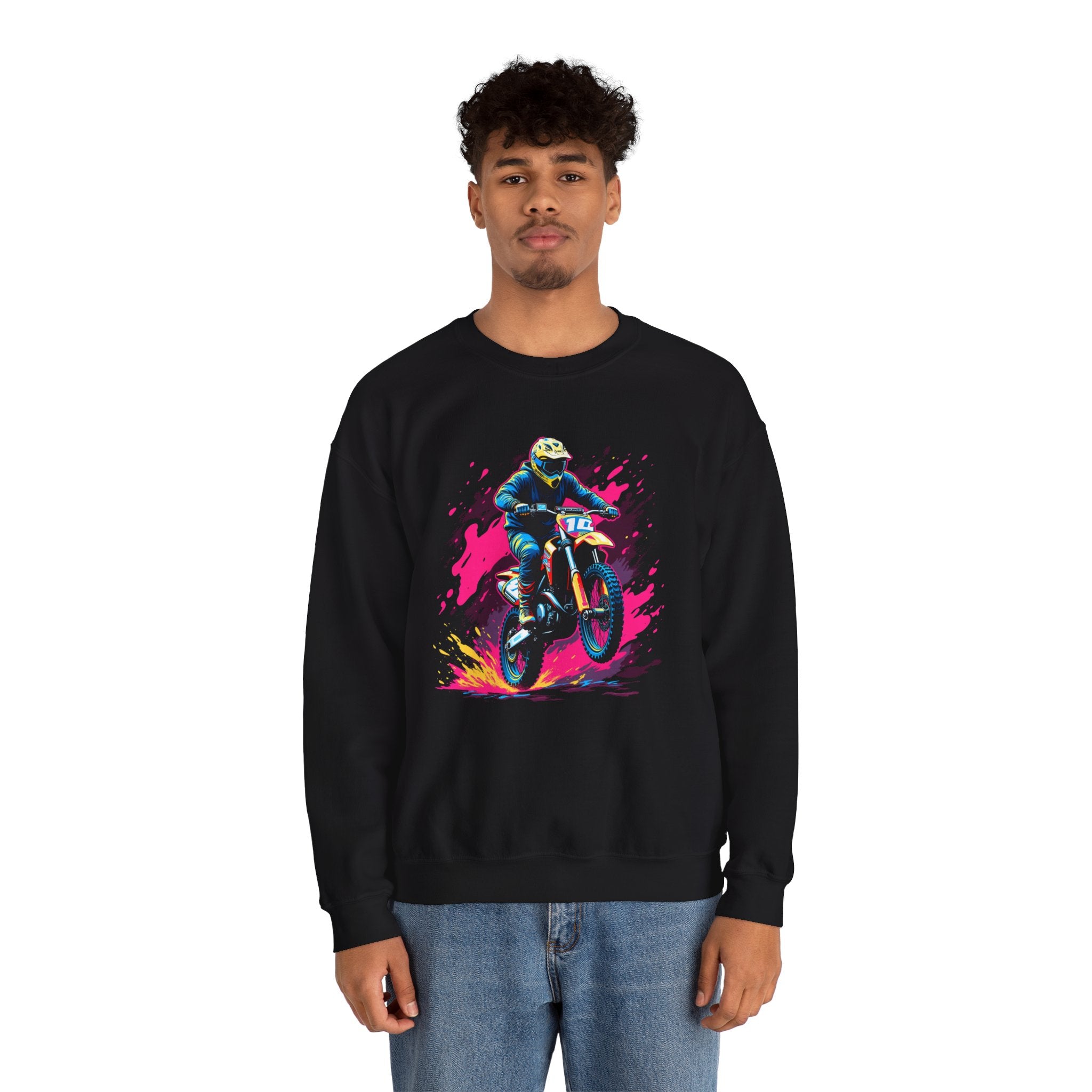 Person wearing a black sweatshirt with a colorful graphic design on a white background