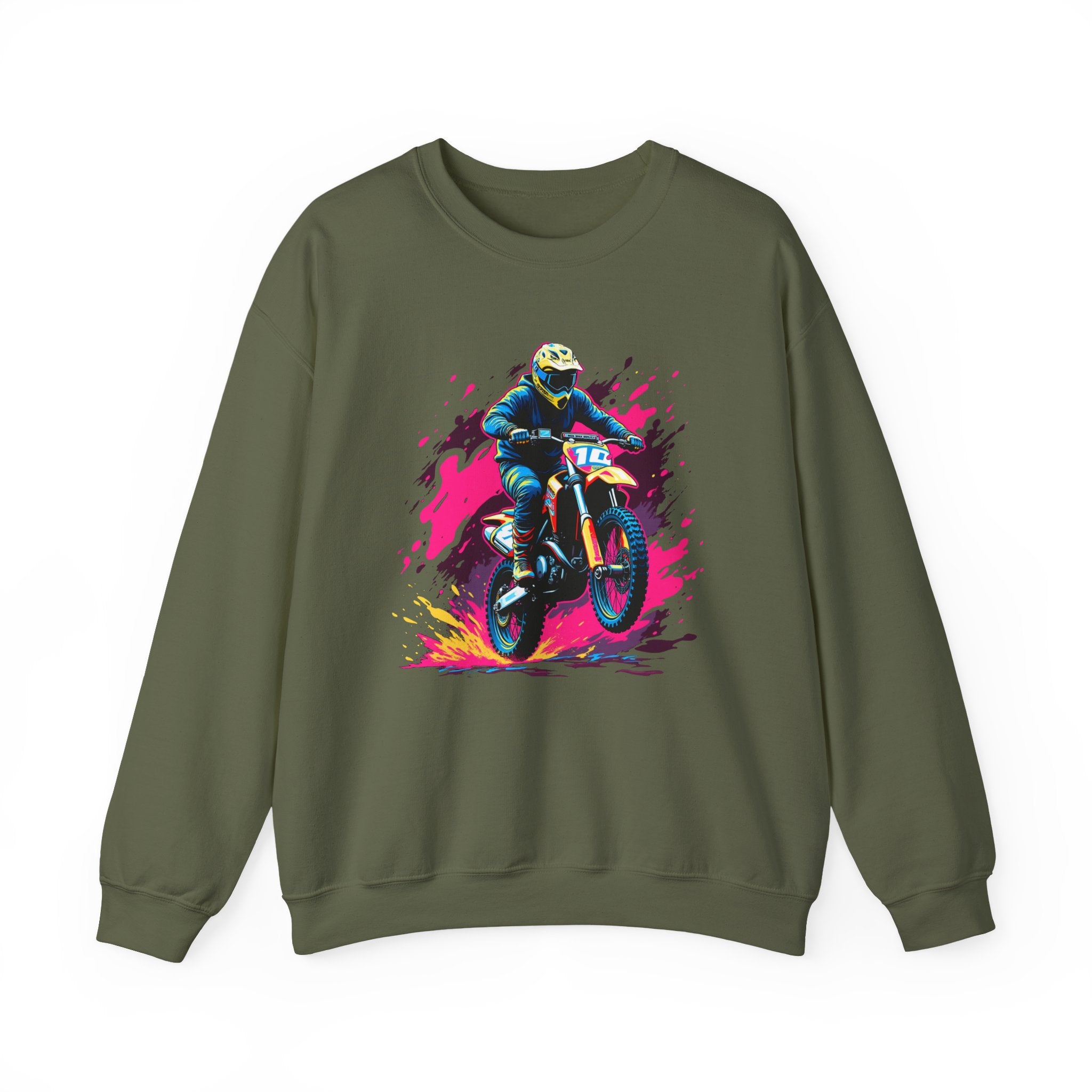 Military green sweatshirt with a colorful graphic of a biker on a white background