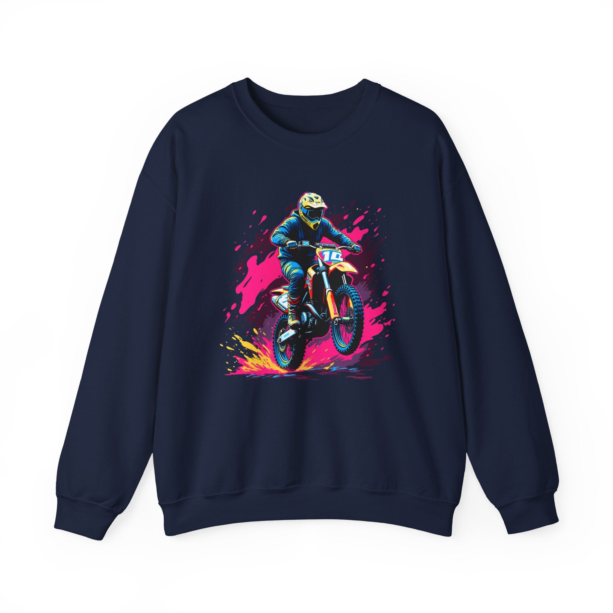 Navy blue sweatshirt with a colorful graphic of a biker on a white background