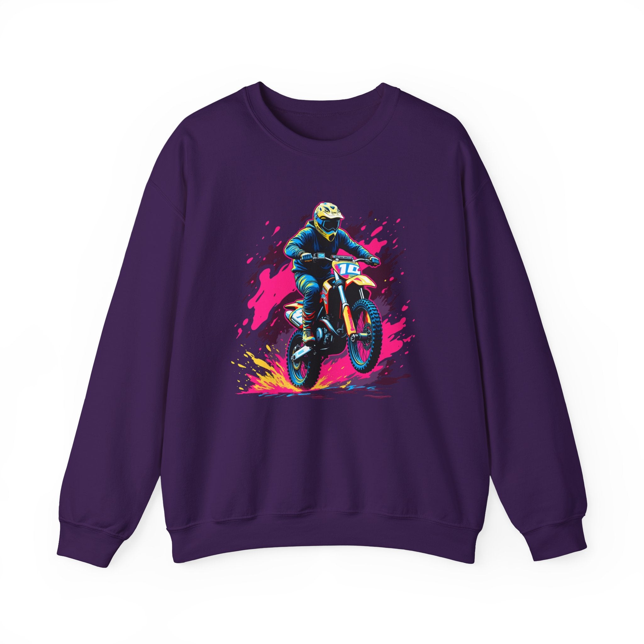 Purple sweatshirt with a graphic of a person on a motorcycle and colorful splash design on a white background