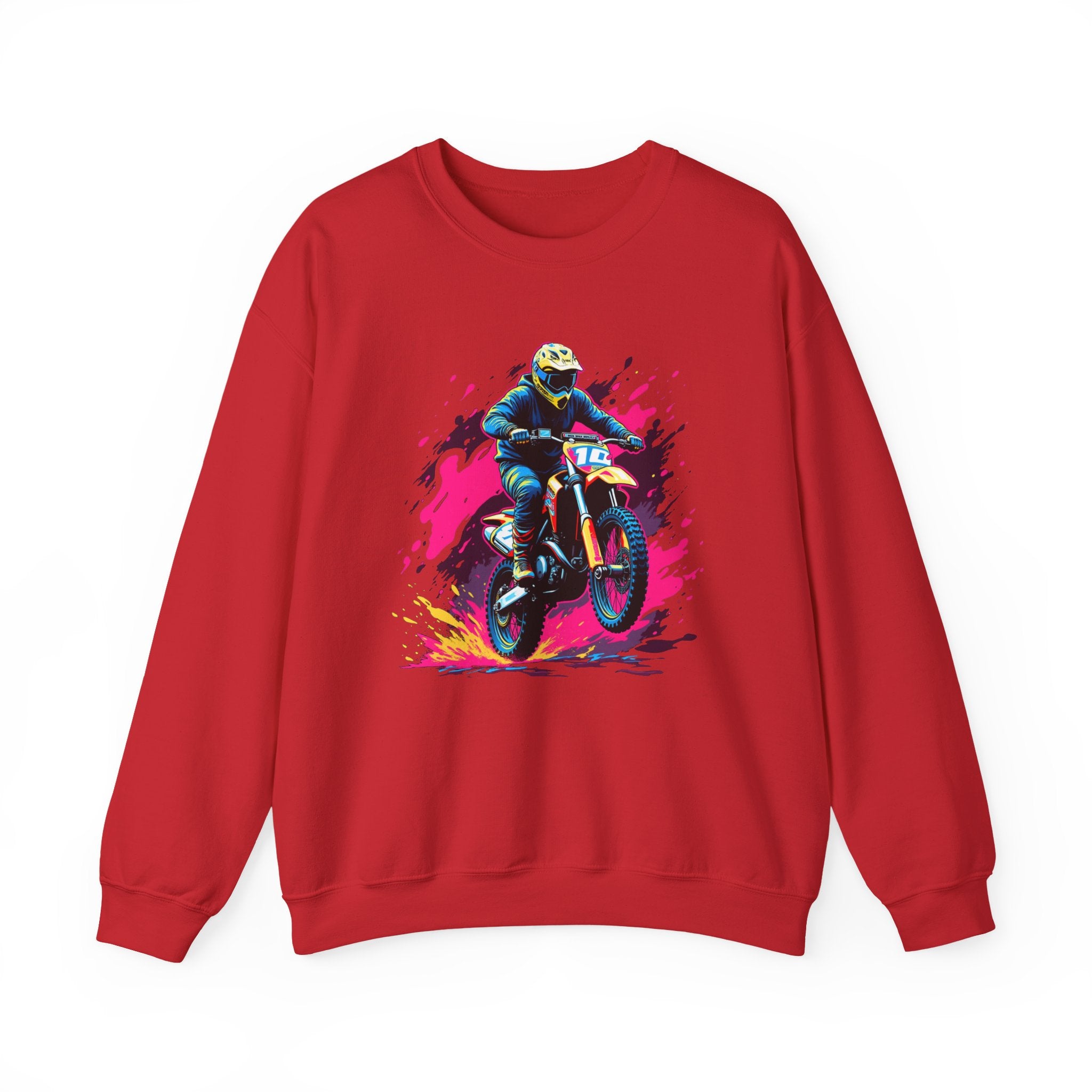 Red sweatshirt with a graphic of a person on a motorcycle on a white background