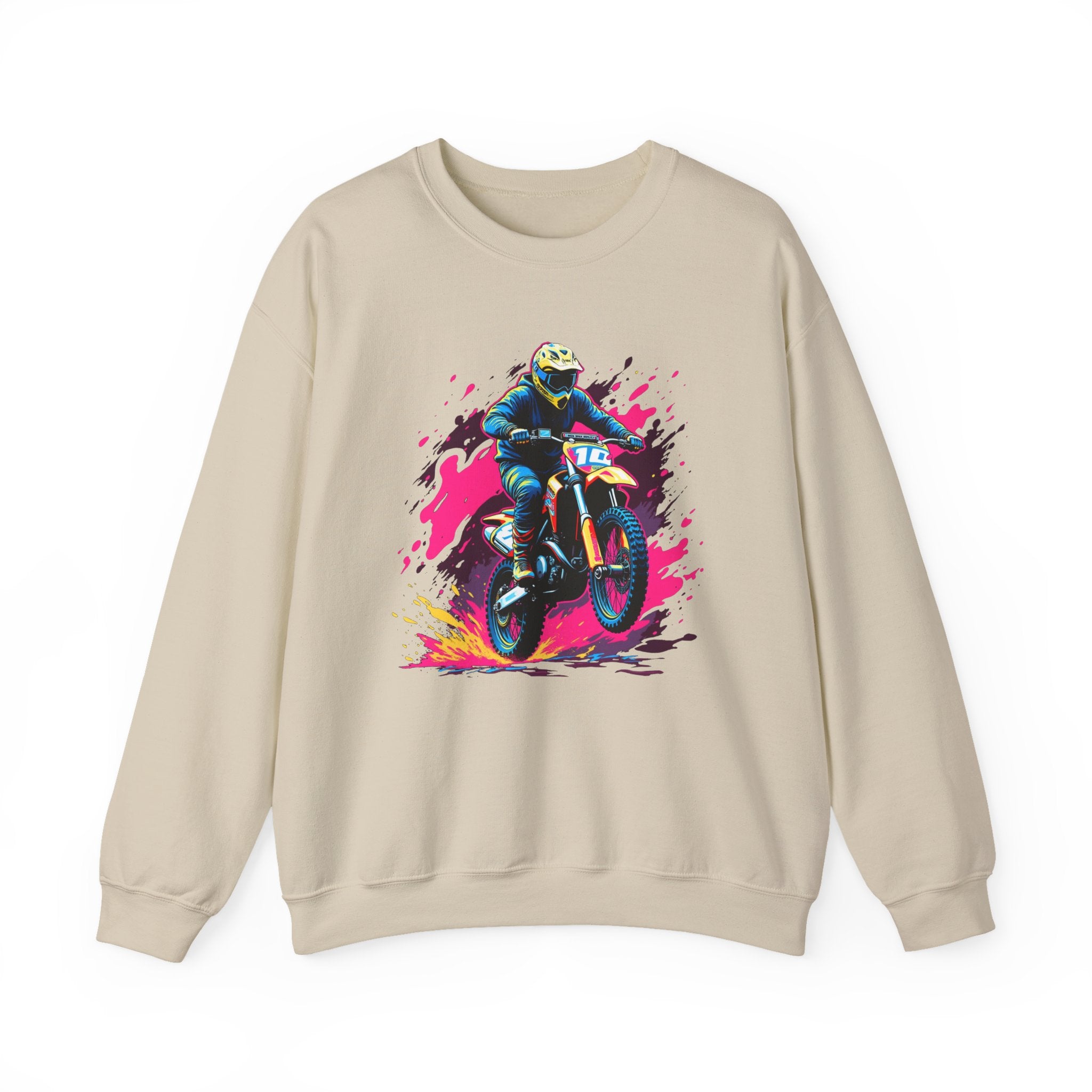 Beige sweatshirt with a graphic of a person on a bike and colorful splash design on a white background