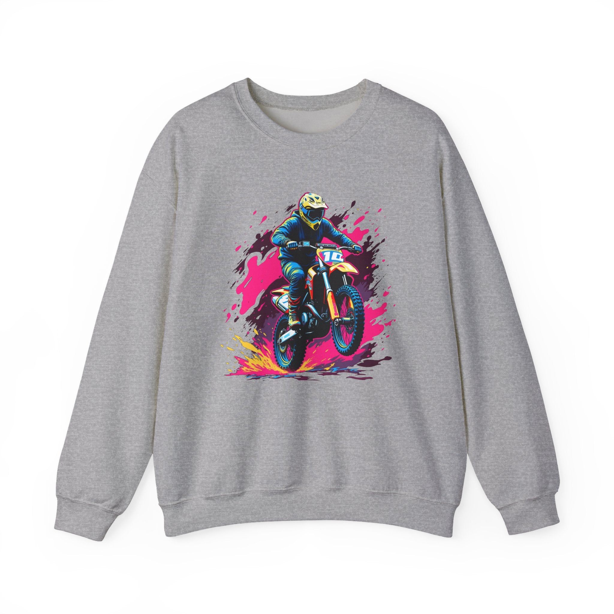 Gray sweatshirt with a colorful graphic of a person on a bike and helmet.