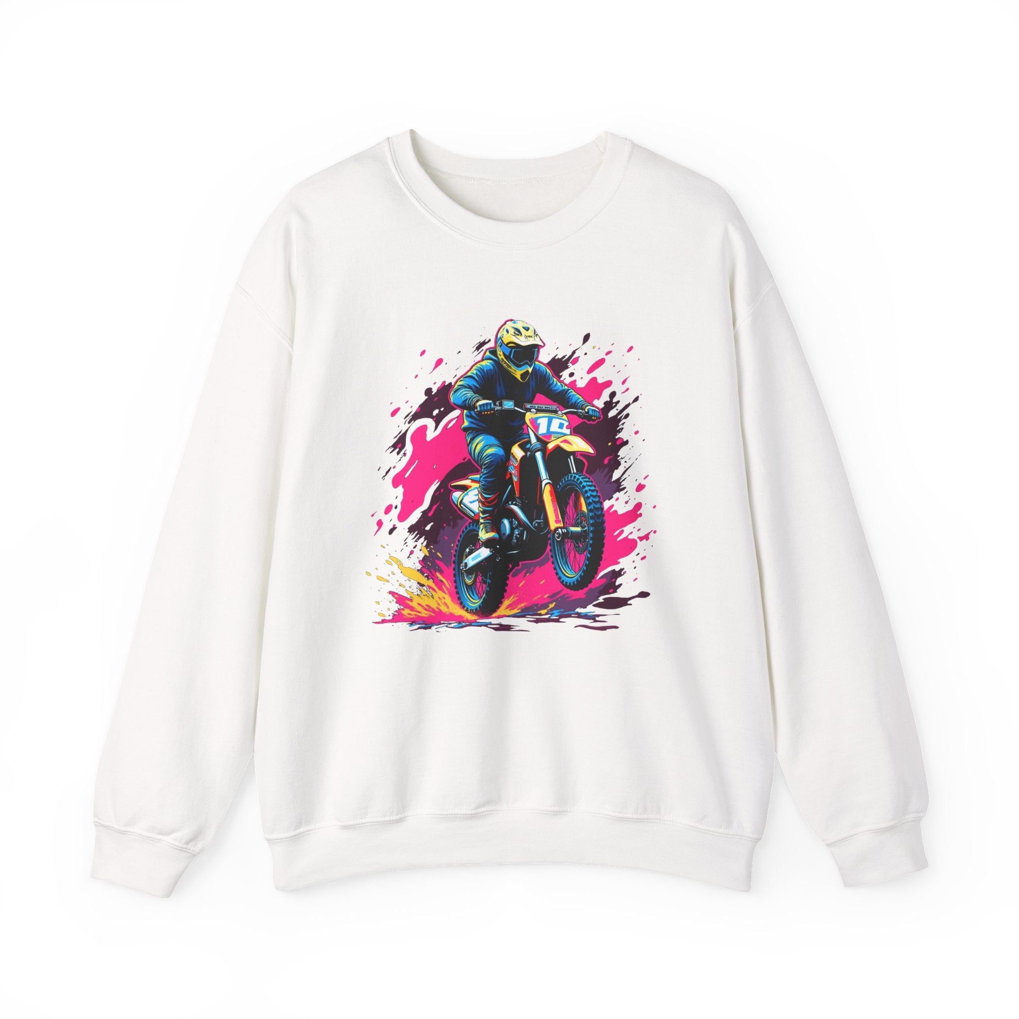 White sweatshirt with a graphic of a person on a bike and colorful splash design on a white background
