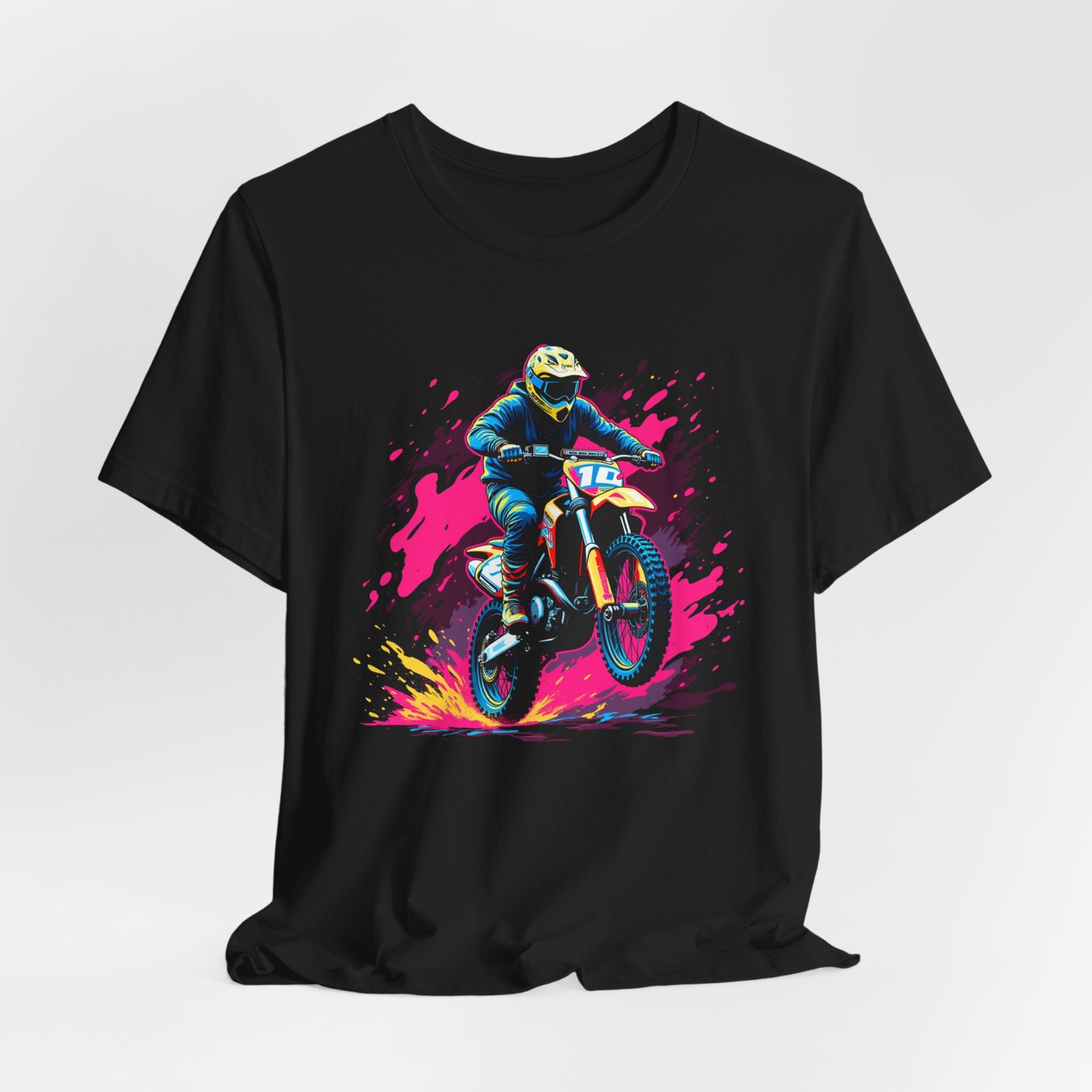 Black t-shirt with a graphic of a motocross rider on a colorful background