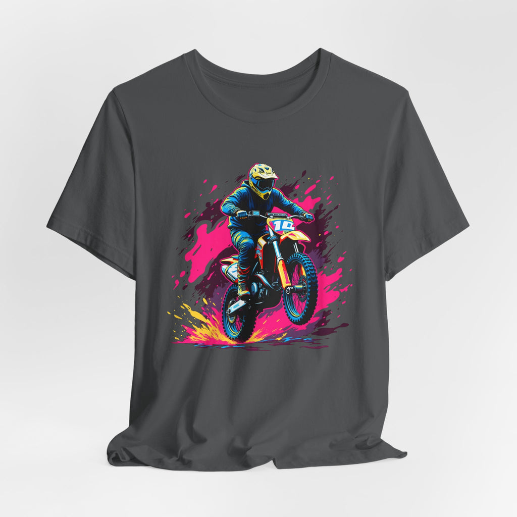 Charcoal t-shirt with a colorful graphic of a motocross rider on a white background