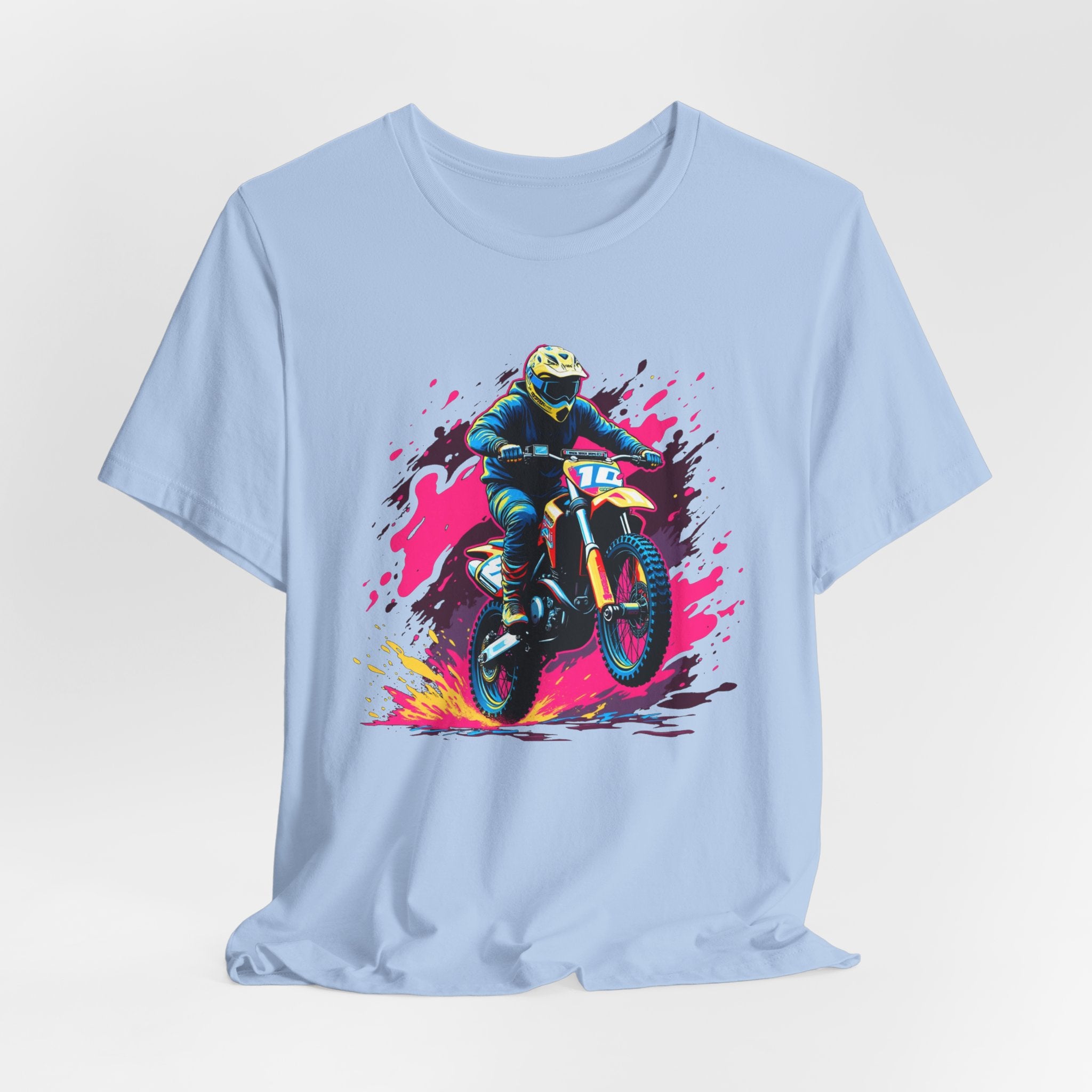 Light blue t-shirt with a graphic of a motocross rider on a colorful background
