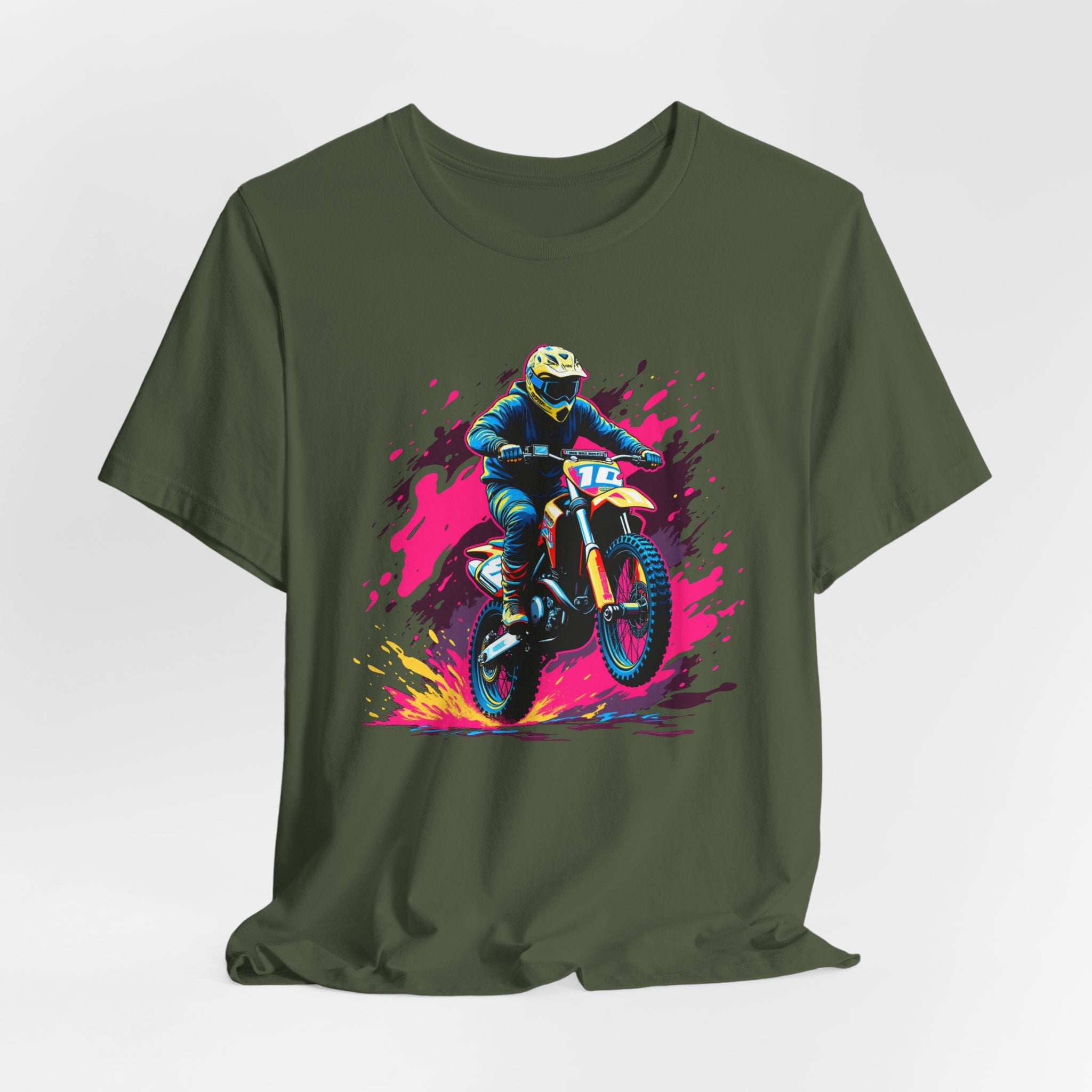 Green t-shirt with a colorful graphic of a motocross rider on a white background