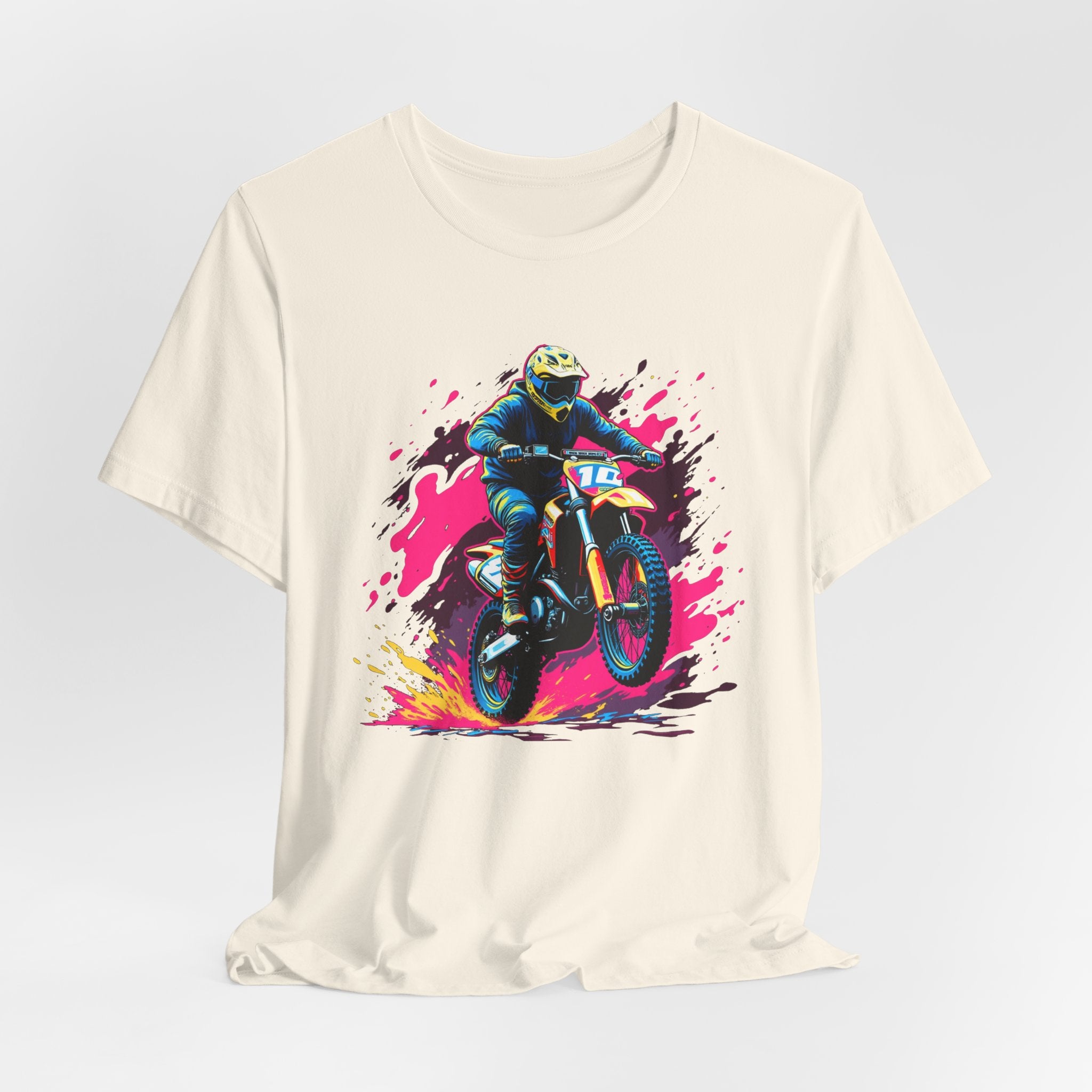 Natural white t-shirt with a graphic of a motocross rider on a colorful background