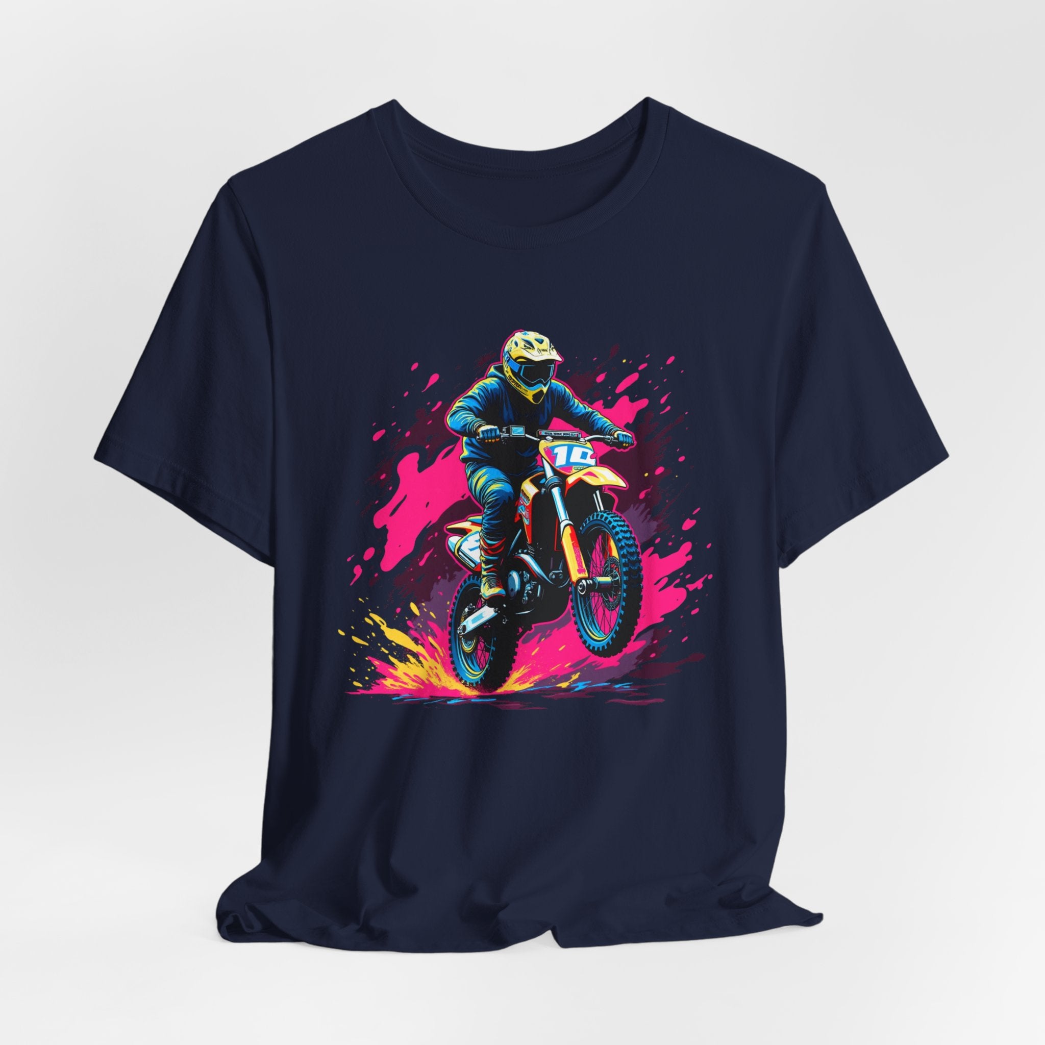 Navy blue t-shirt with a graphic of a motocross rider on a bike against a white background