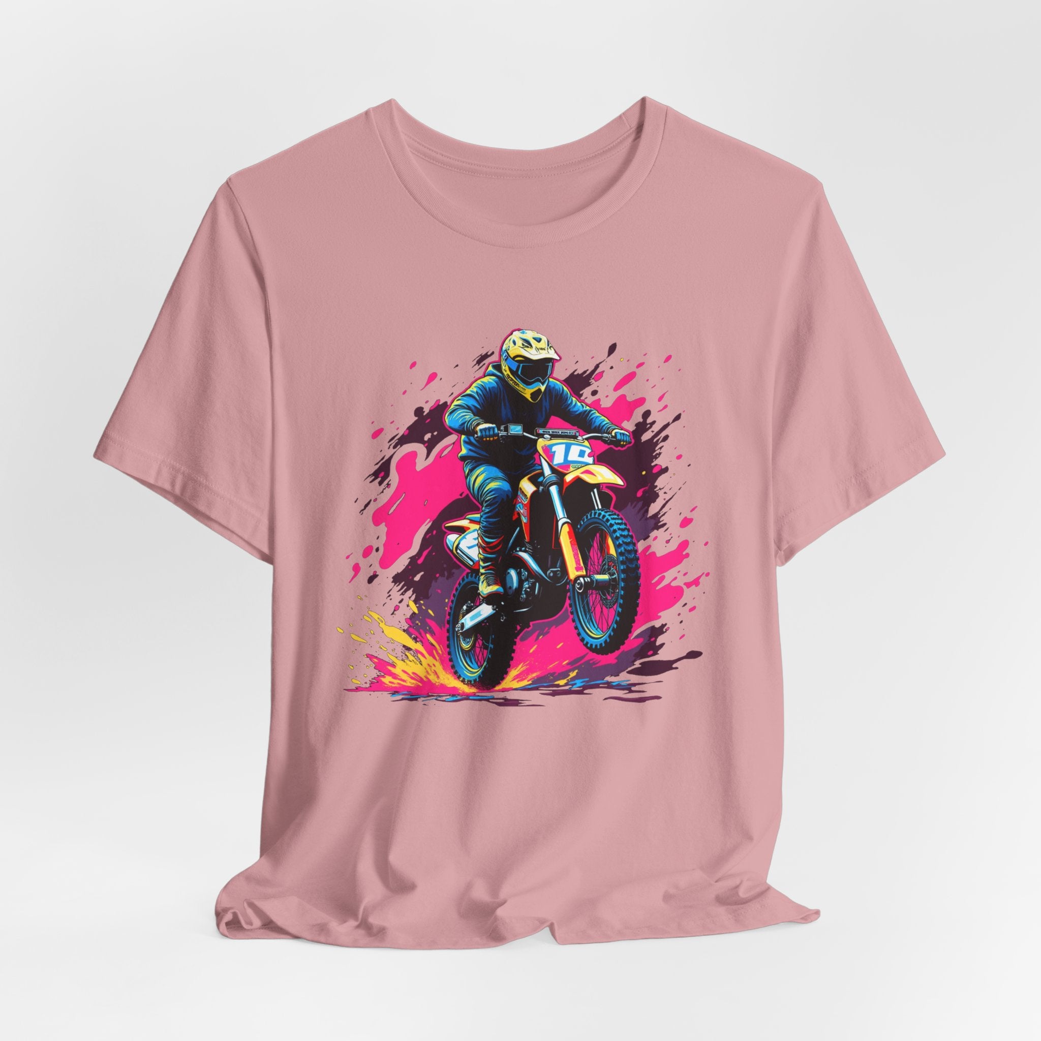 Orchid pink t-shirt with a graphic of a motocross rider on a colorful background