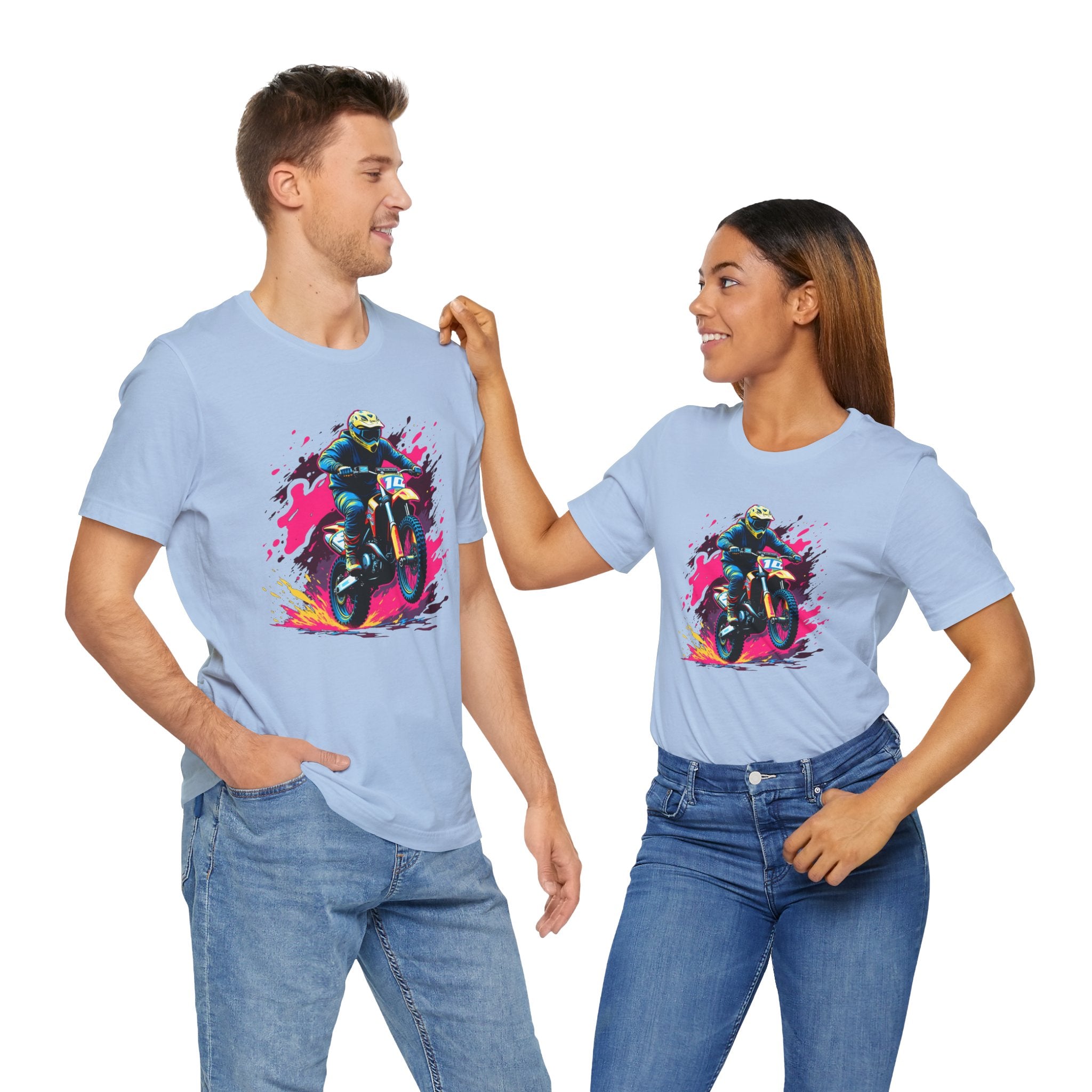 Two people wearing light blue t-shirts with a colorful graphic design on a white background