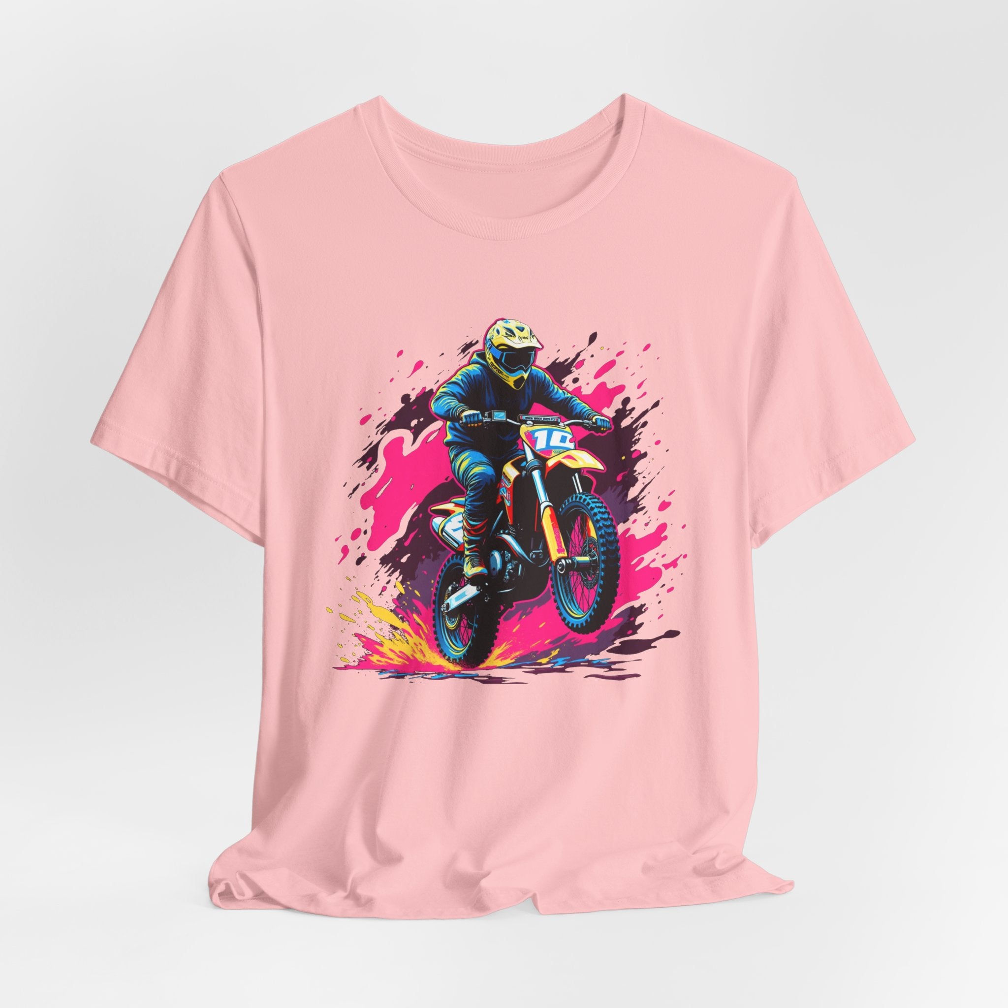 Pink t-shirt with a graphic of a motocross rider on a bike