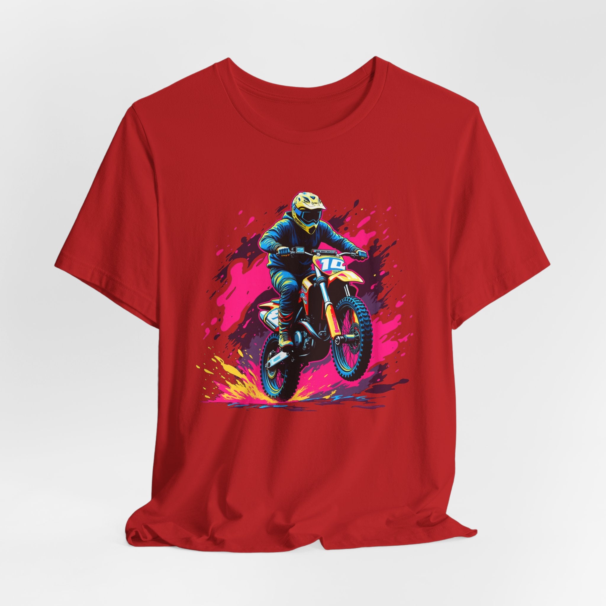 Red t-shirt with a graphic of a motocross rider on a colorful background