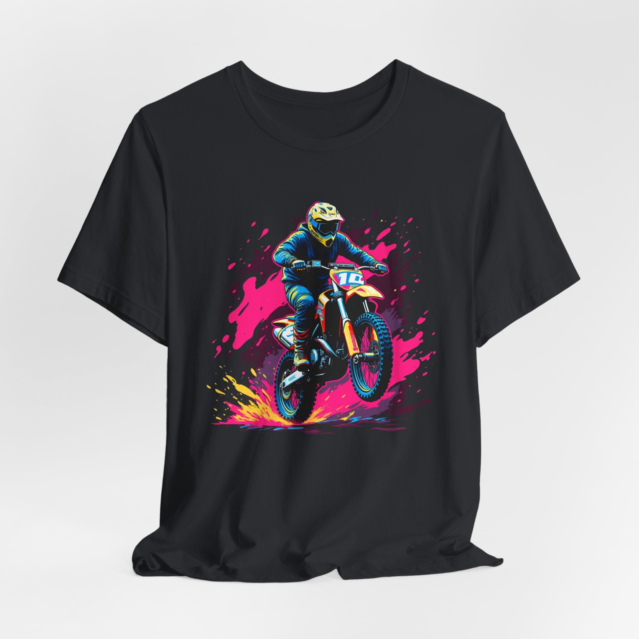 Vintage black t-shirt with a colorful graphic of a motocross rider on a white background