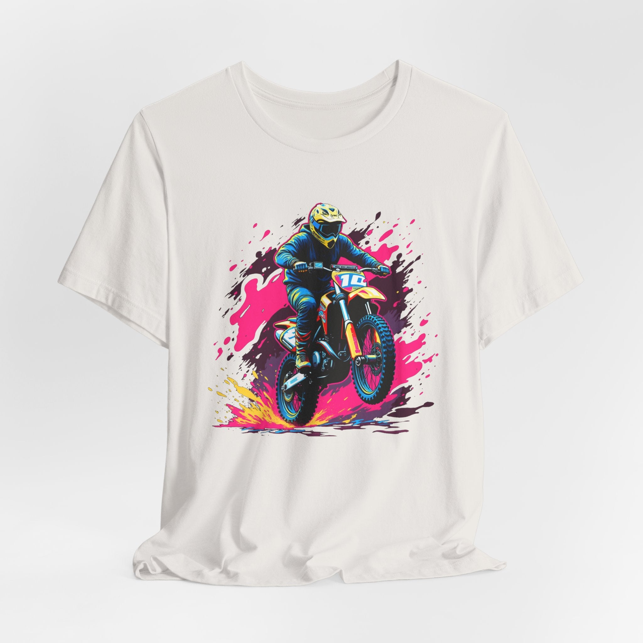 Vintage White t-shirt with a graphic of a motocross rider on a colorful background