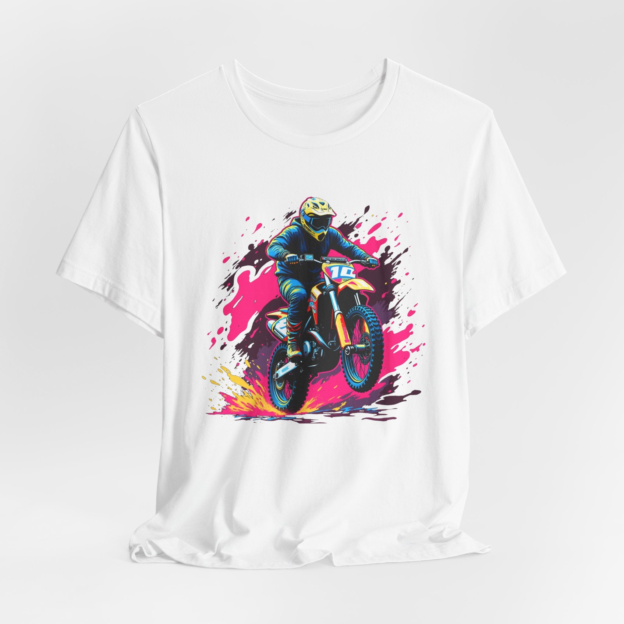 White t-shirt with a graphic of a motocross rider on a colorful background