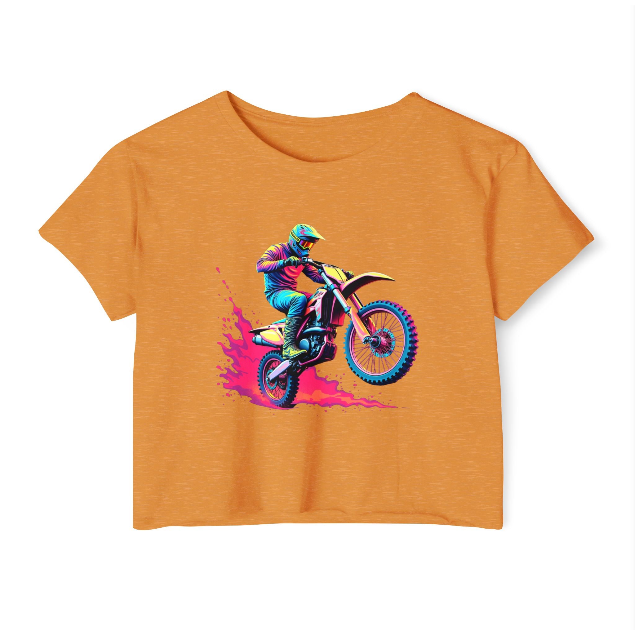 Antique gold t-shirt with a graphic of a person on a motorcycle on a white background
