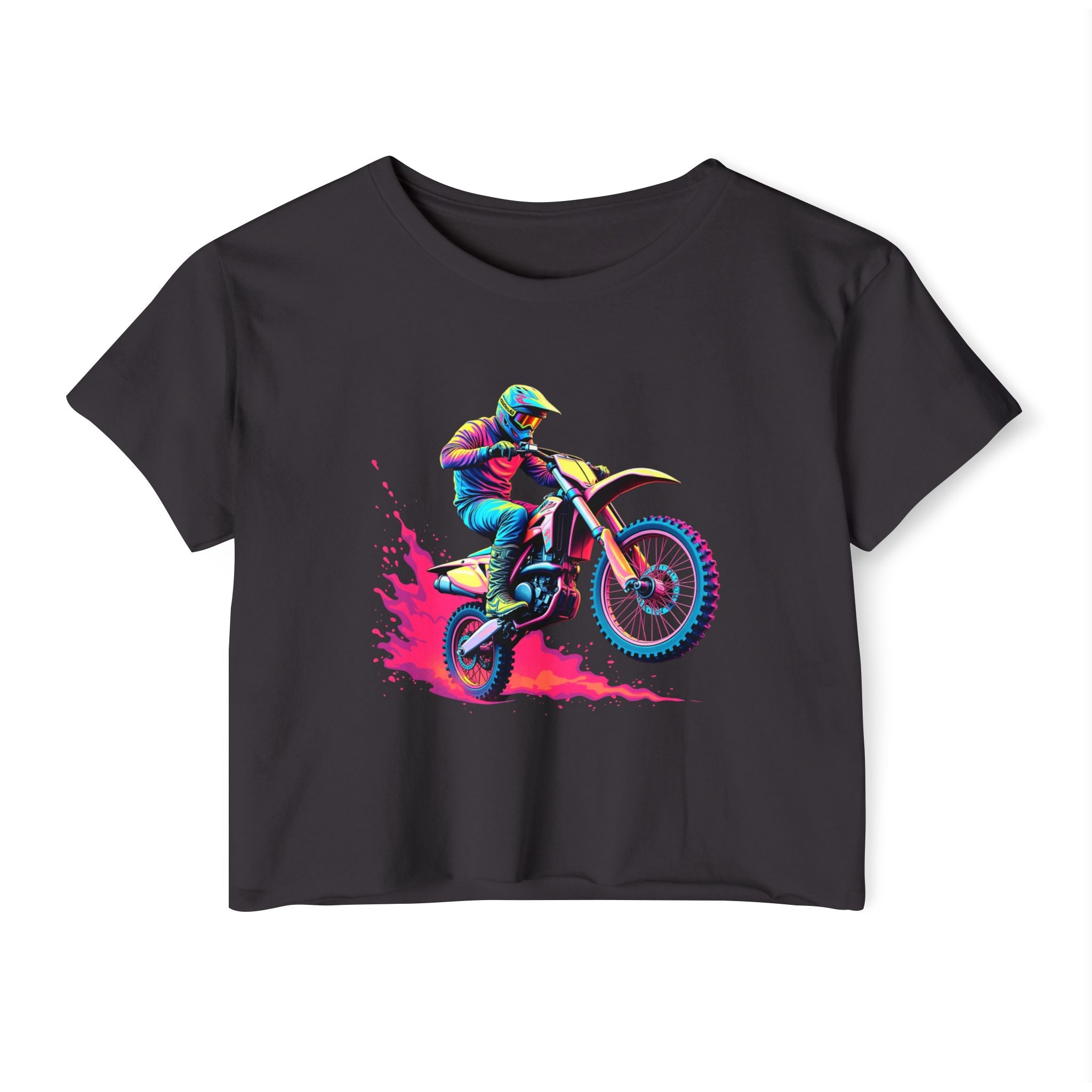 Black t-shirt with a colorful graphic of a motocross rider on a white background