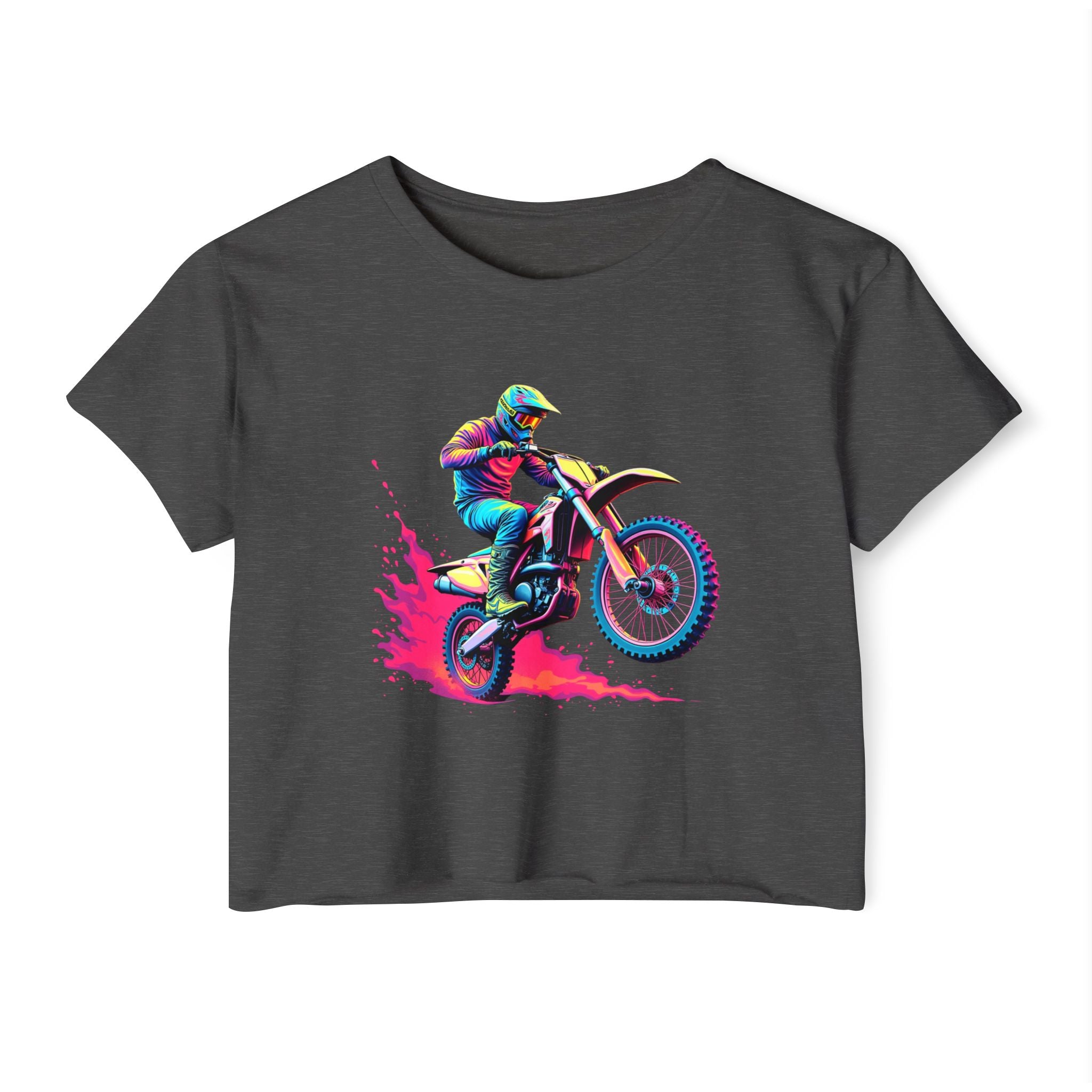 Charcoal gray t-shirt with a colorful graphic of a motocross rider on a white background