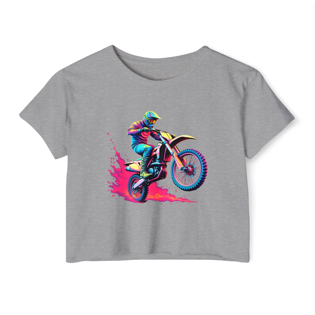 Gray t-shirt with a colorful graphic of a motocross rider on a white background
