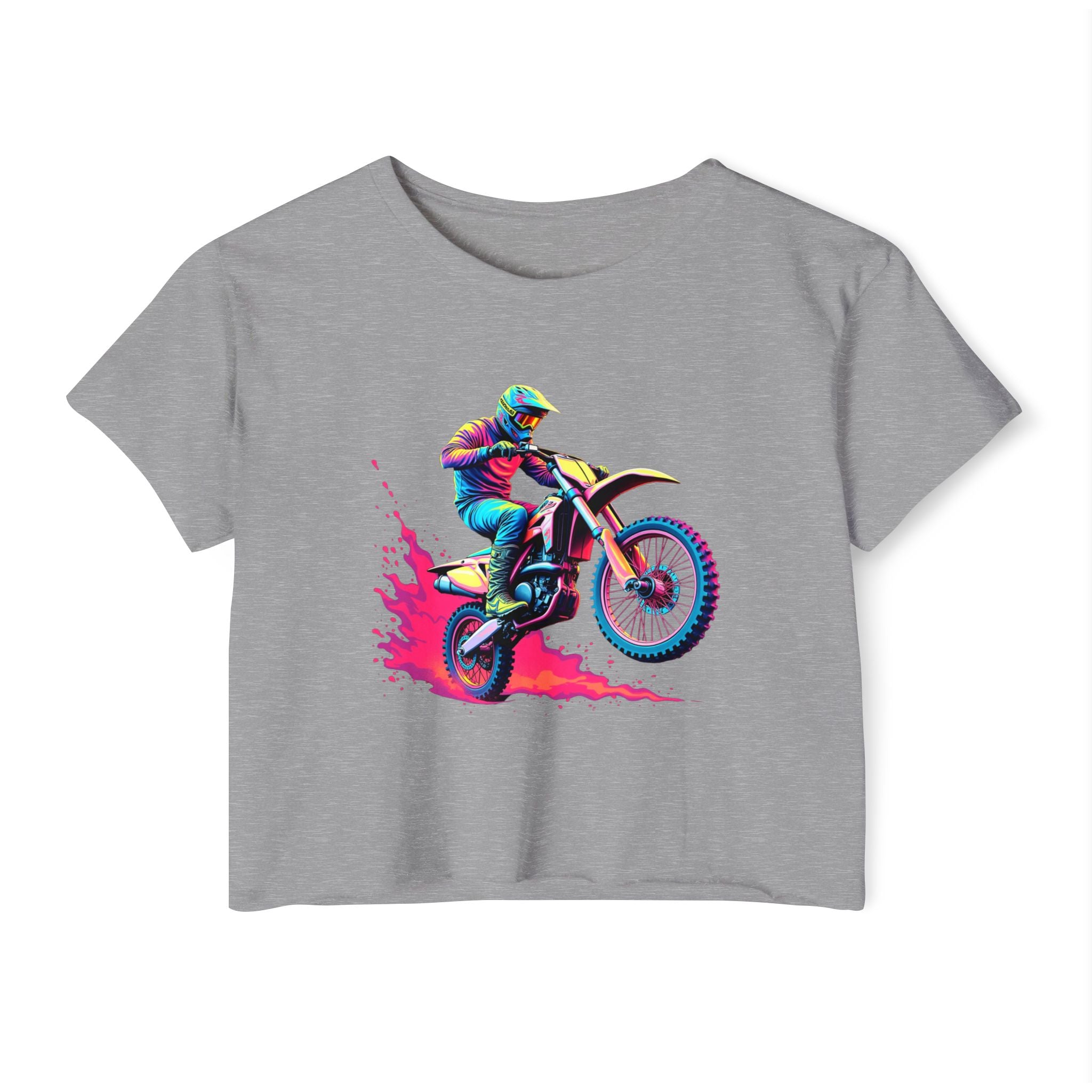 Gray t-shirt with a colorful graphic of a motocross rider on a white background