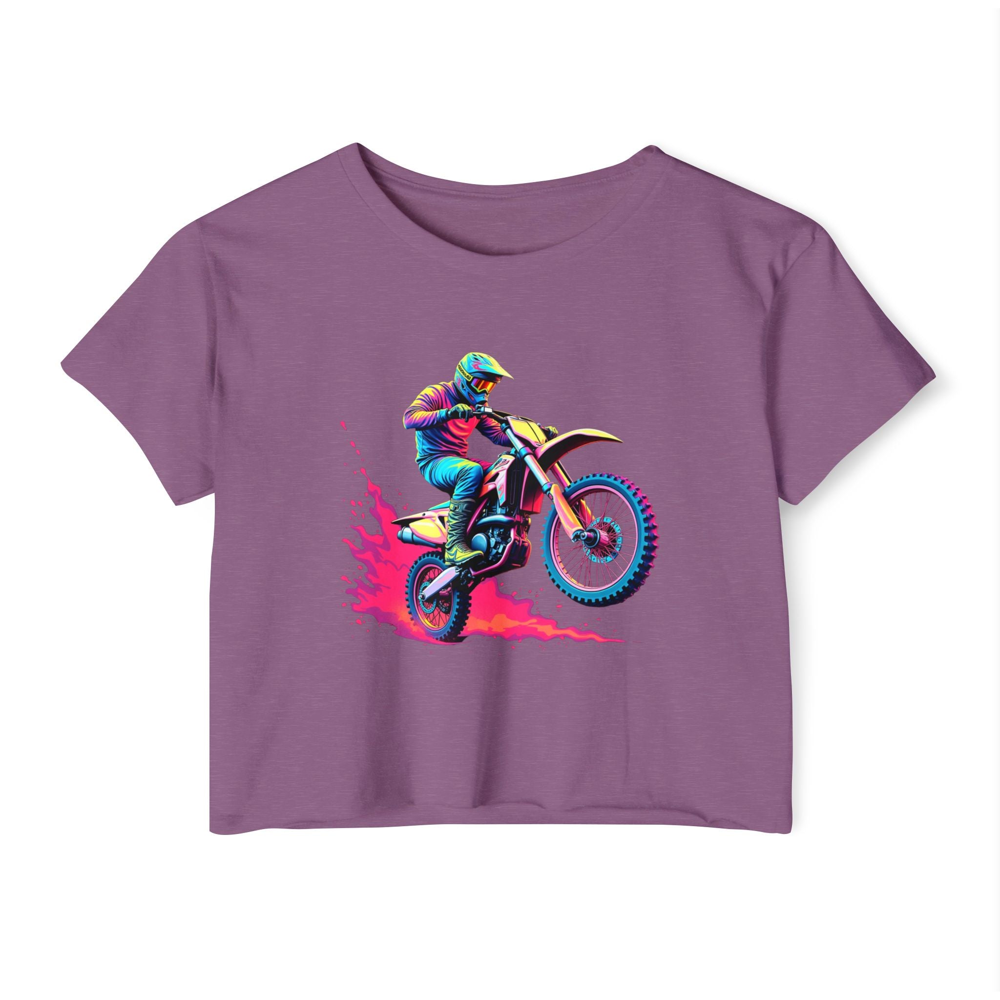 Shiraz purple t-shirt with a graphic of a motocross rider on a bike