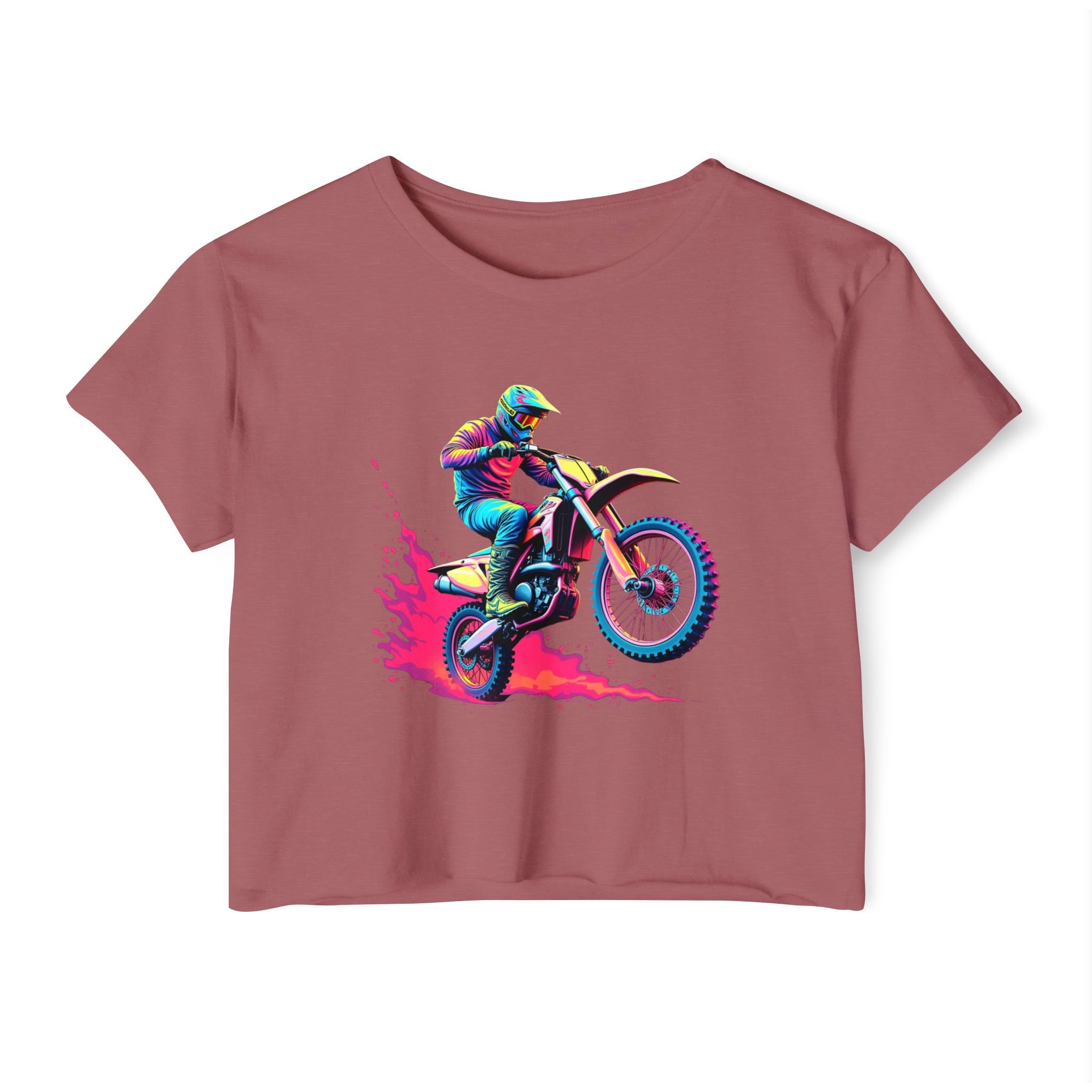 Smoked paprika pink t-shirt with a graphic of a motocross rider on a bike