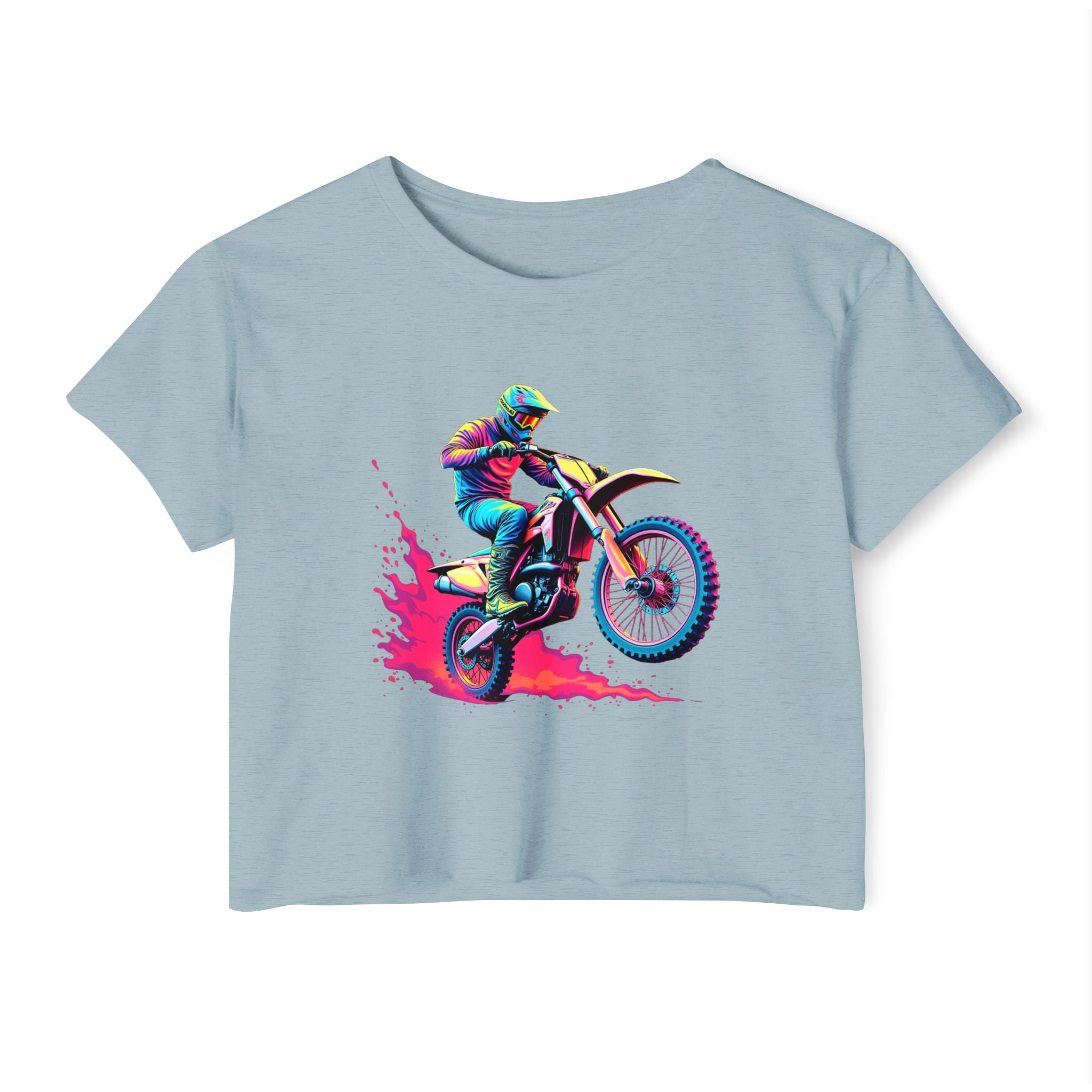 Stonewash denim t-shirt with a colorful graphic of a motocross rider on a white background
