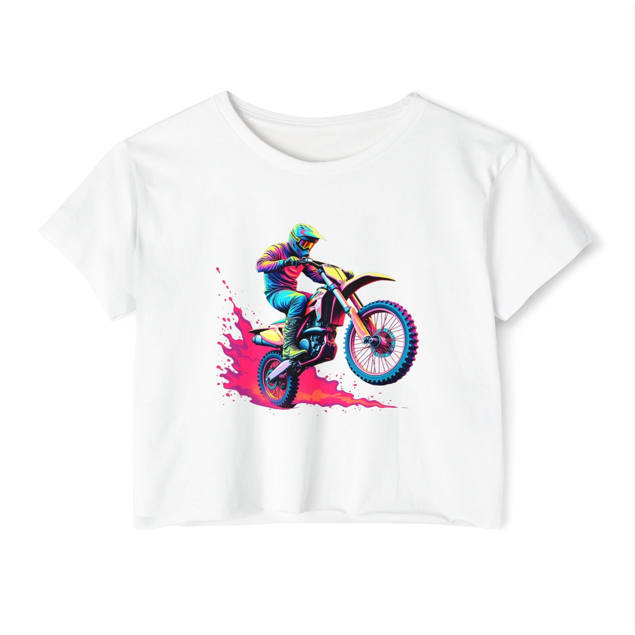 White t-shirt with a colorful graphic of a motocross rider on a white background