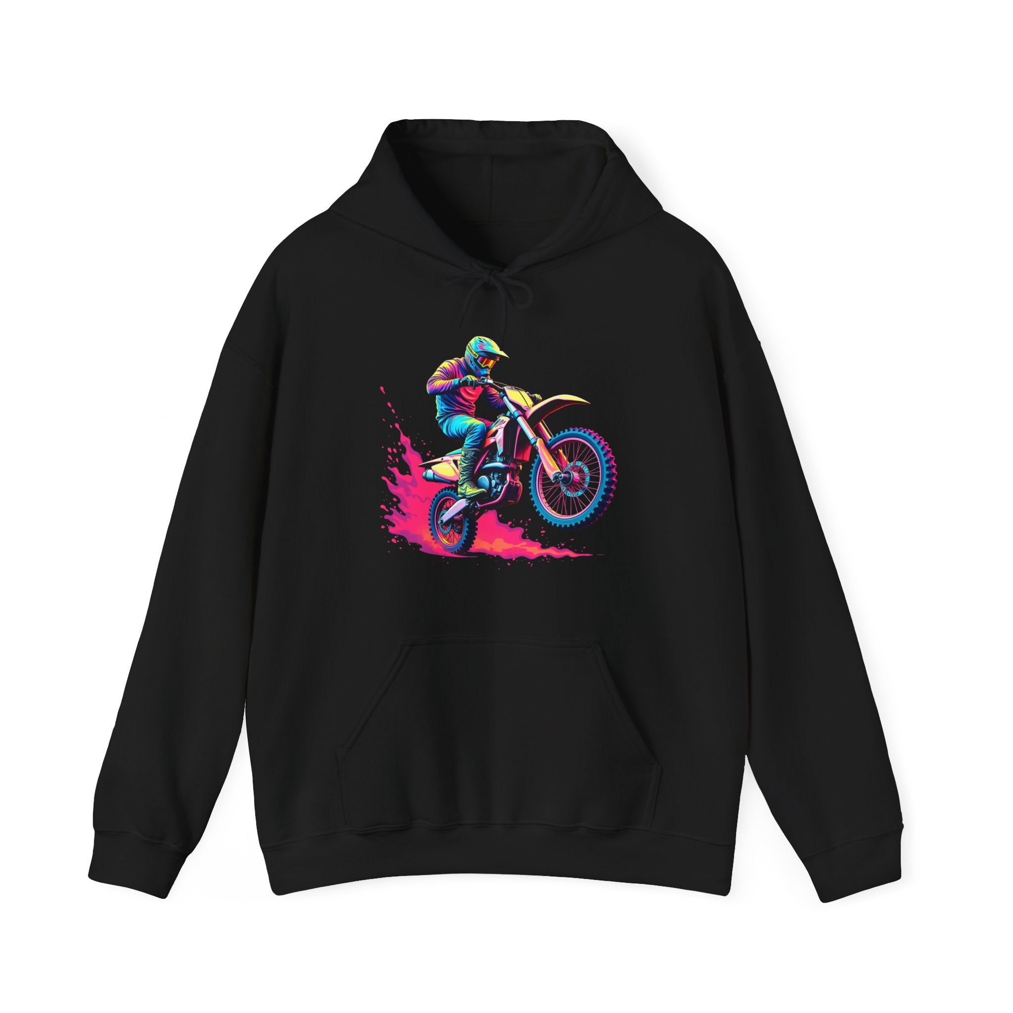 Black hoodie with a colorful graphic of a motocross rider on a white background