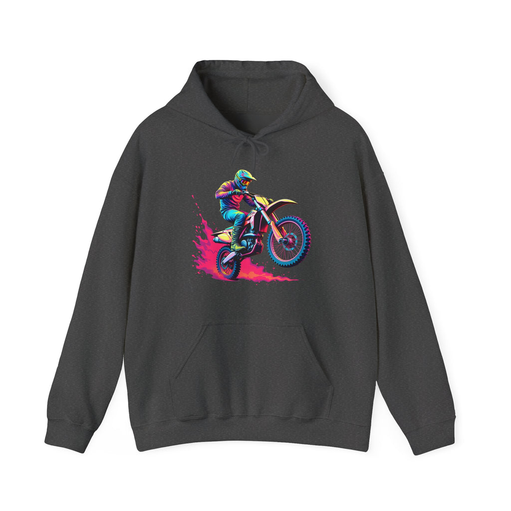 Dark gray hoodie with a colorful graphic of a motocross rider on a bike.