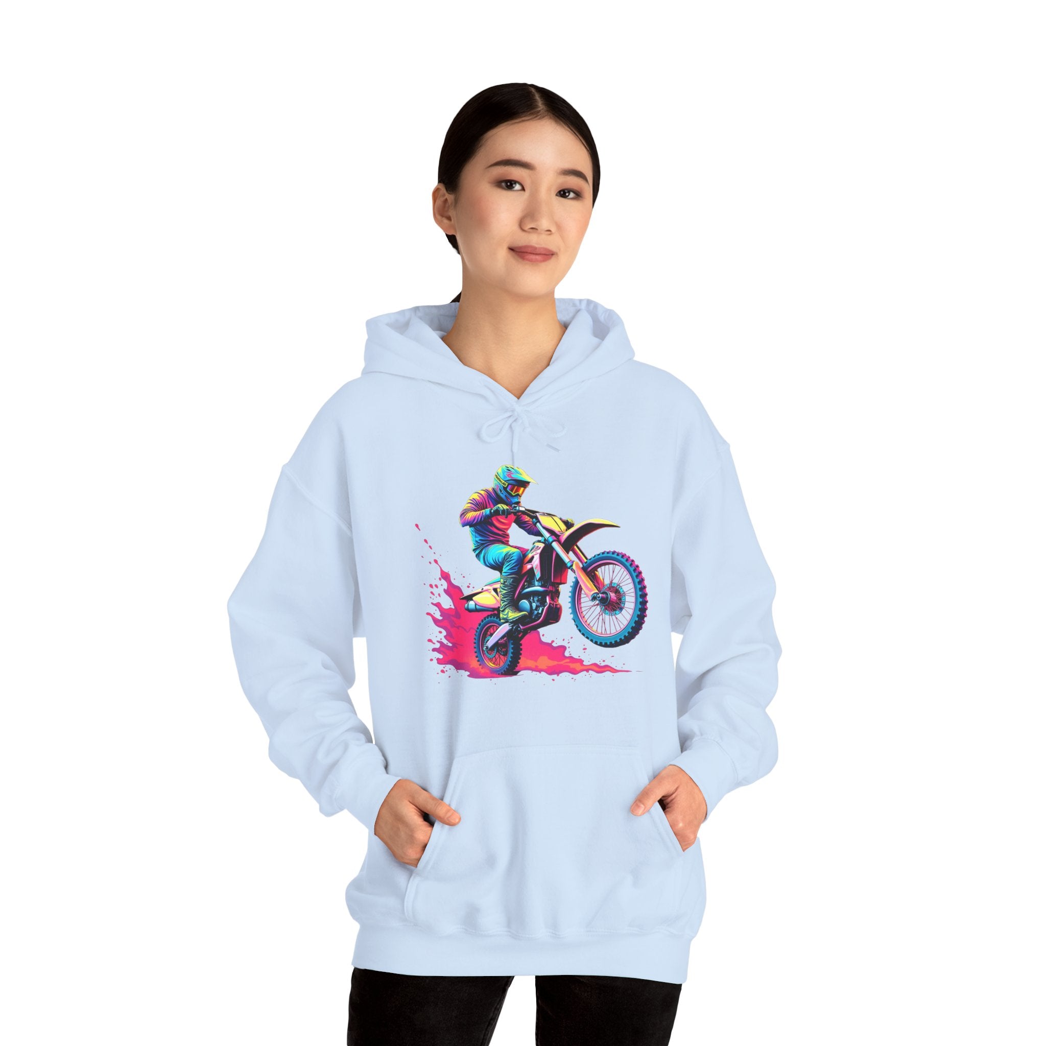 Light blue hoodie with a colorful graphic of a person on a bike, worn by a model on a white background