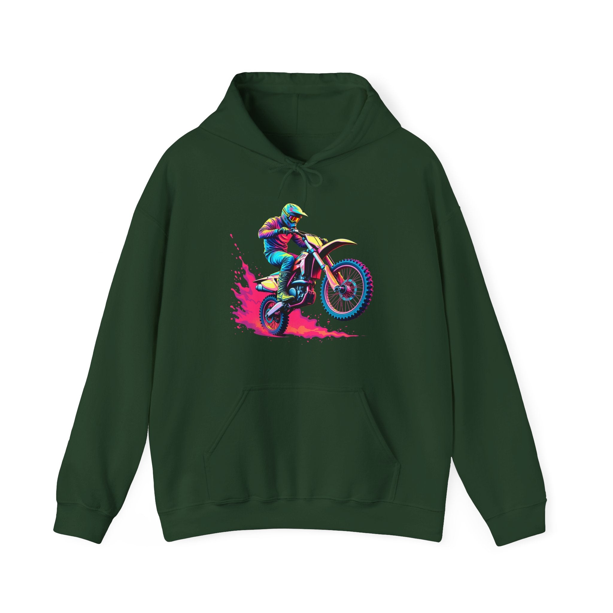 Forest green hoodie with a colorful graphic of a motocross rider on a white background