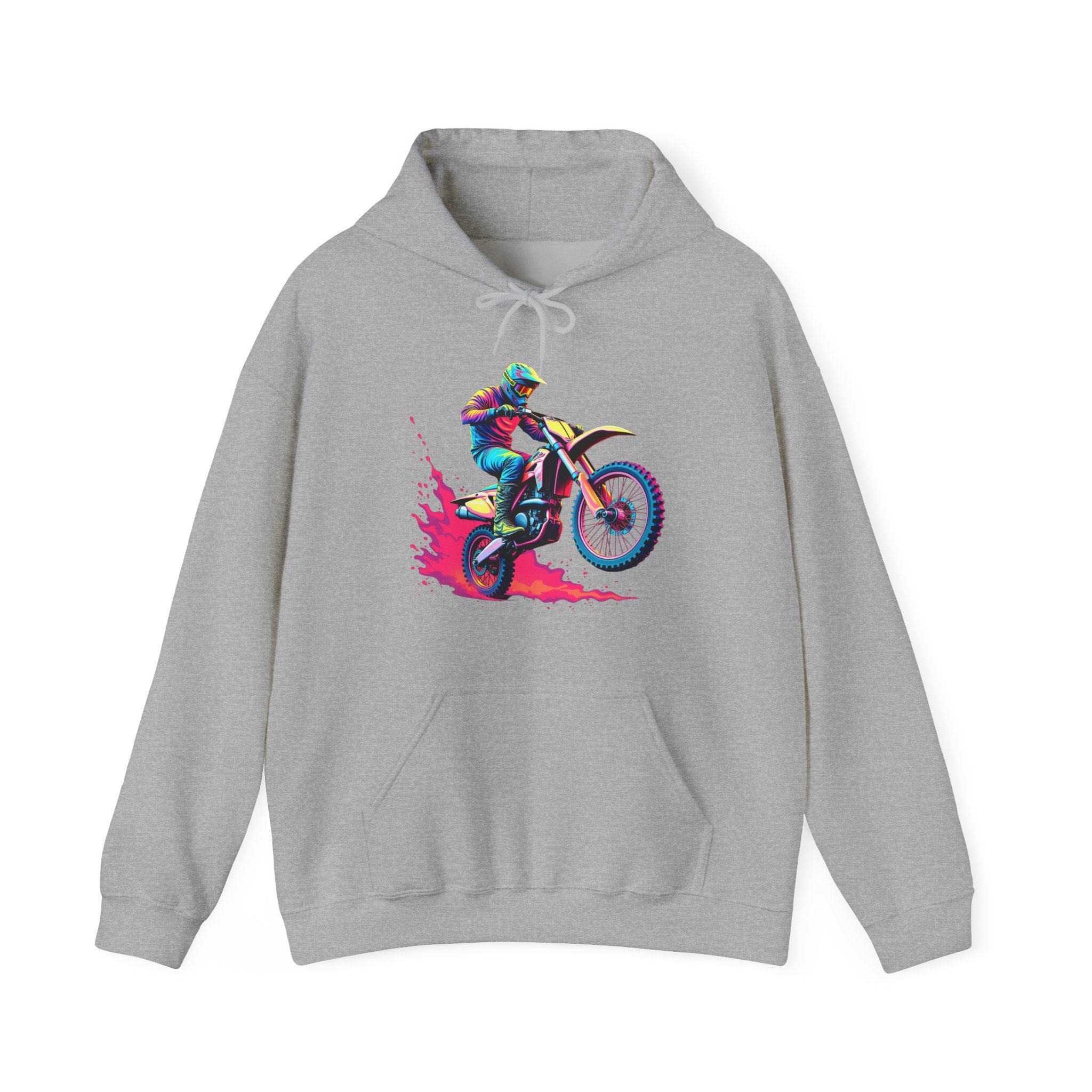 Gray hoodie with a colorful graphic of a person on a dirt bike on a white background