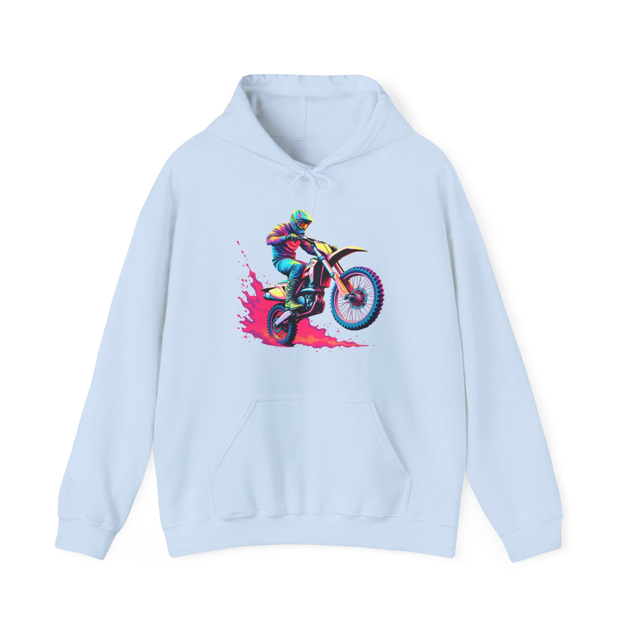 Light blue hoodie with a colorful graphic of a person on a dirt bike on a white background